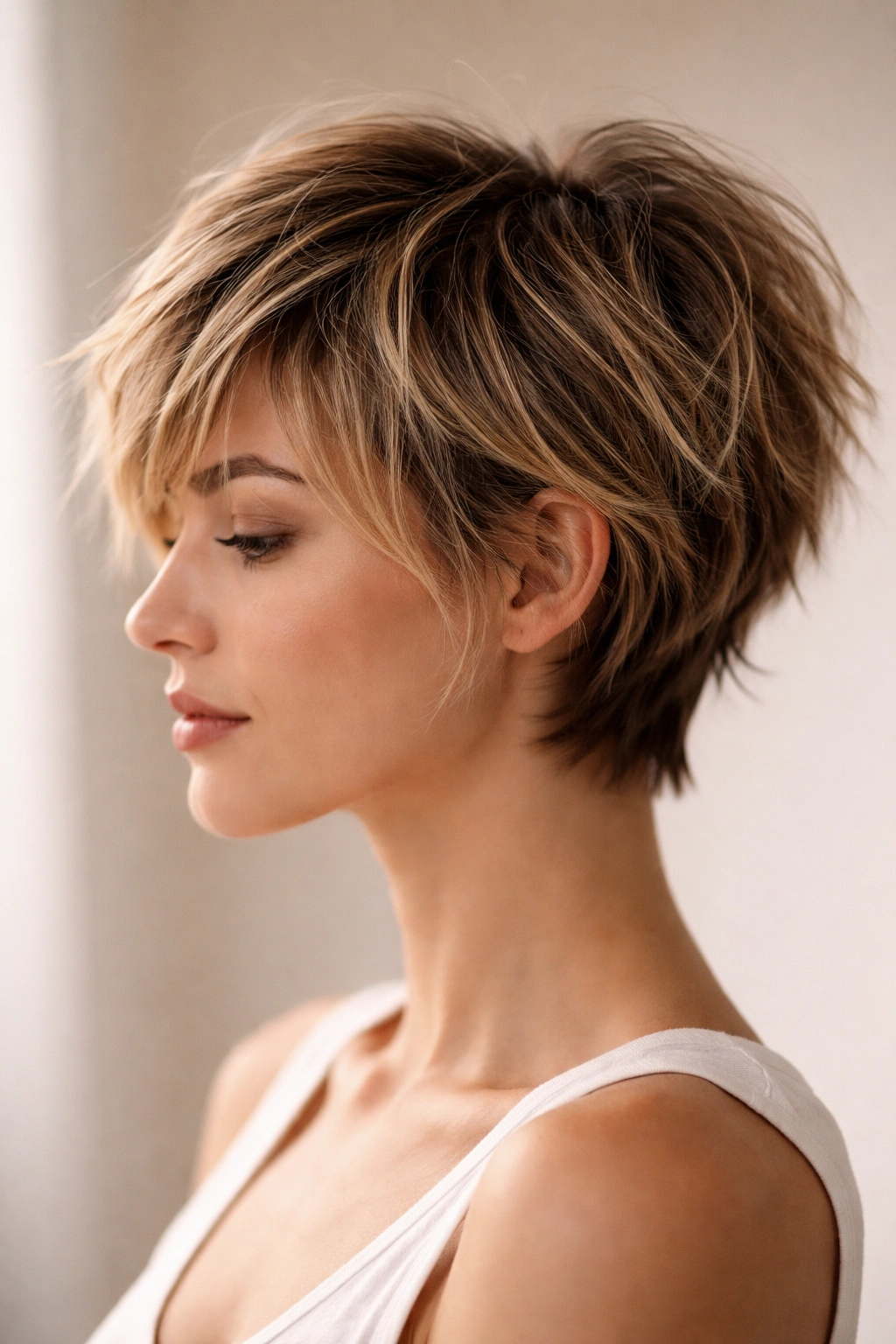 Side-profile of a textured short haircut emphasizing choppy movement