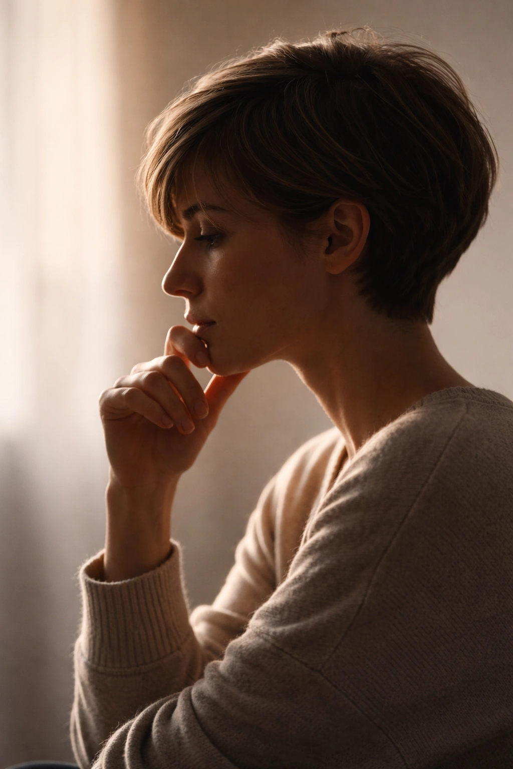 Silhouette of a person in a thoughtful pose against a neutral gradient backdrop