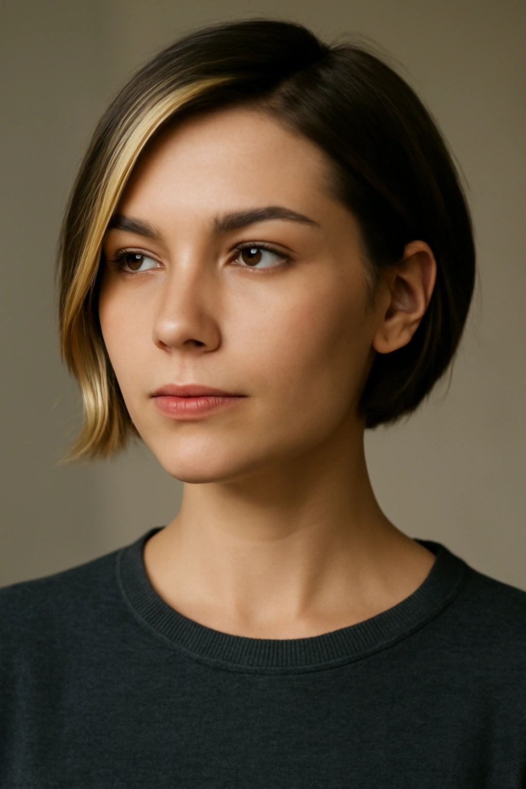 Portrait-style haircut with money pieces in a calm studio setting