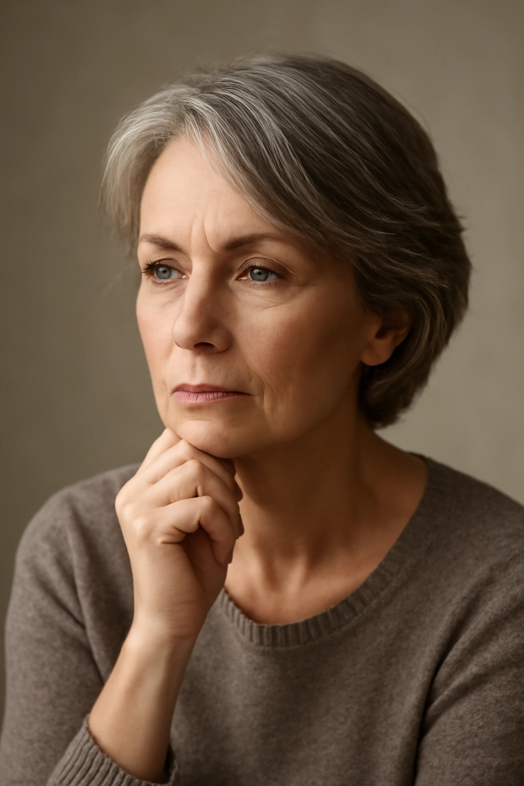 Mature woman in thoughtful pose reflecting on hairstyle choices