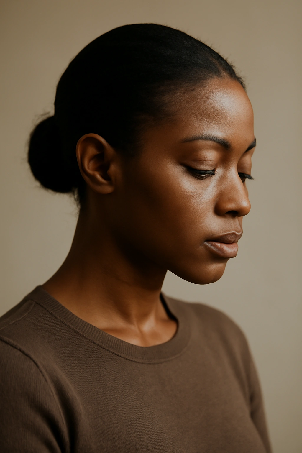 Contemplative portrait of a woman with subtle pushback hairstyle