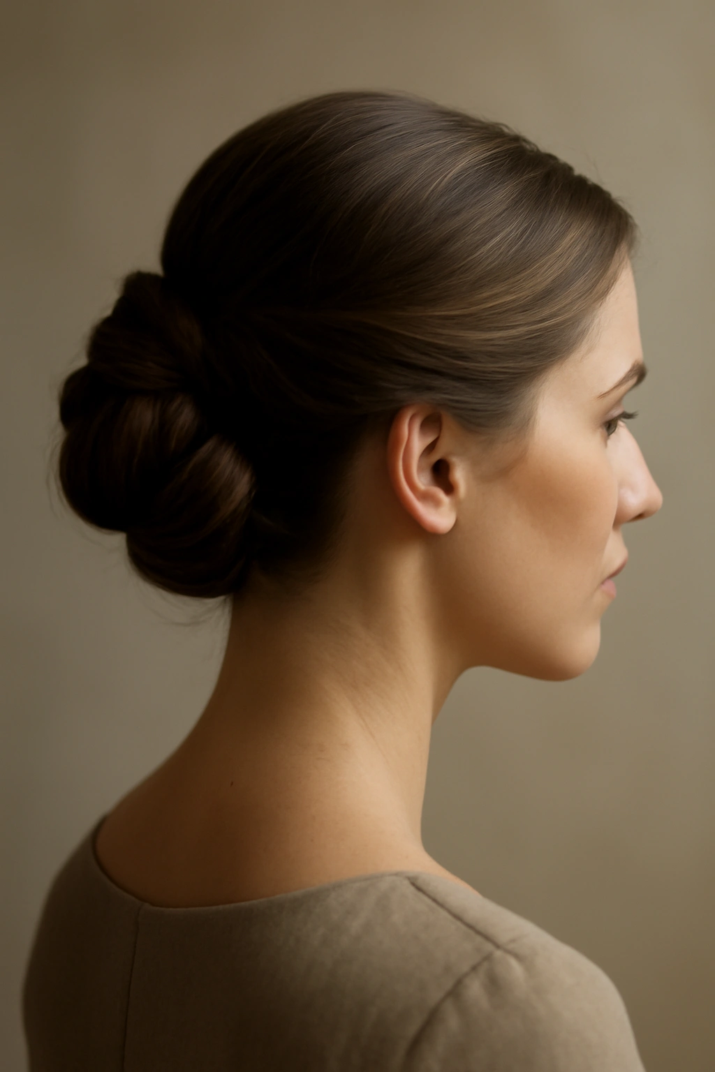 Side profile of head with an elegant updo silhouette