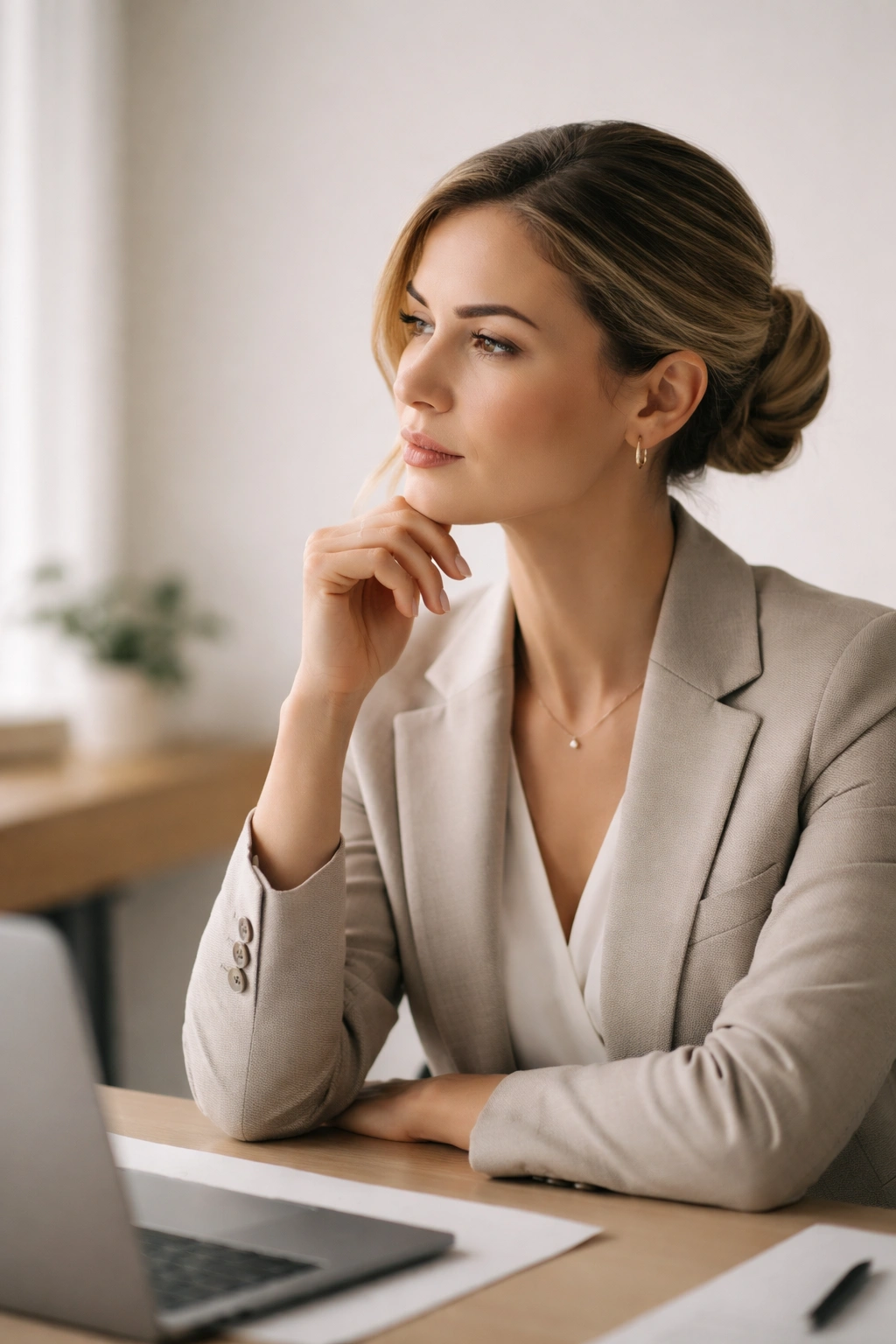 Portrait of a professional woman with polished hairstyle in a minimalist setting
