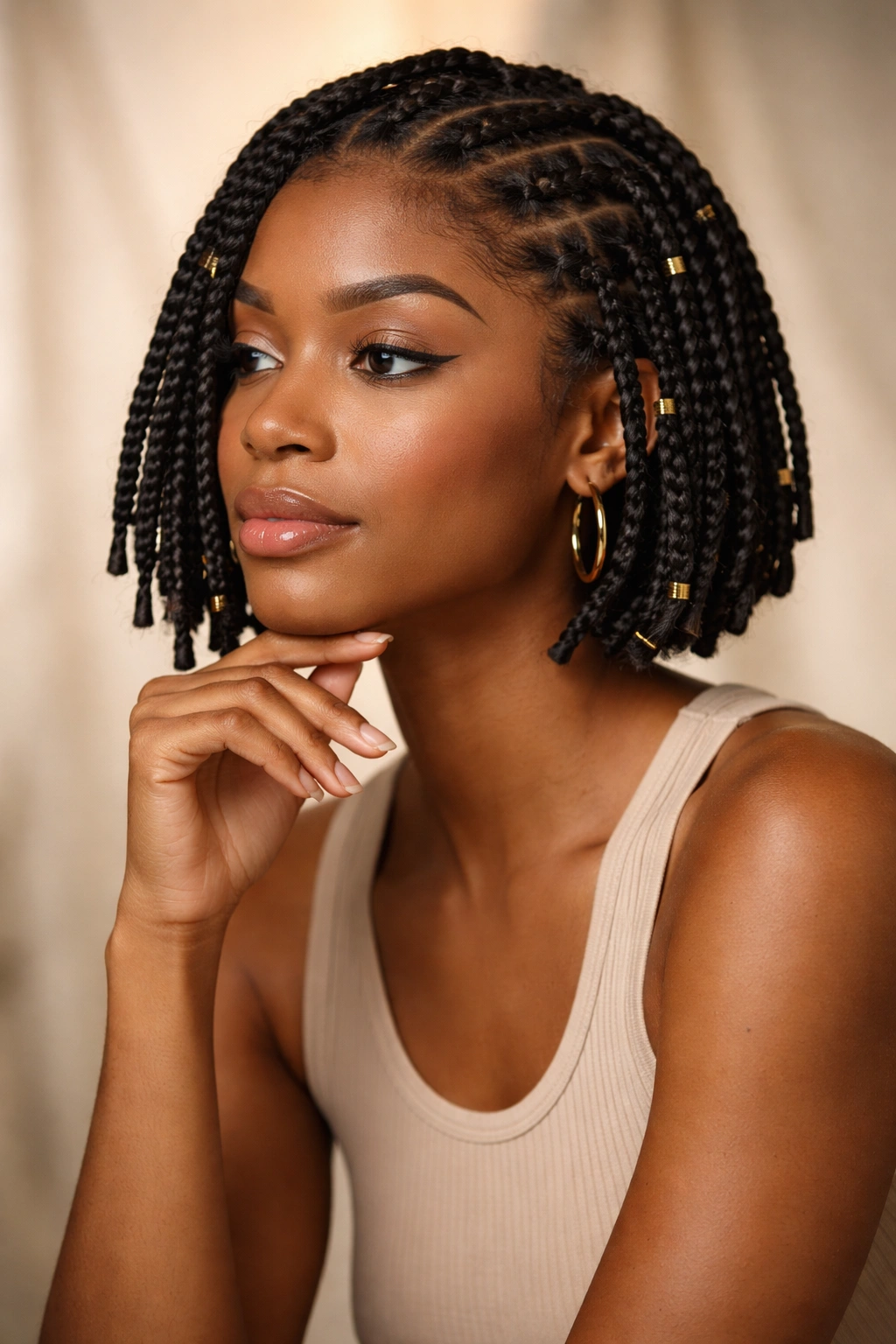 Portrait of a person with short box braids in a contemplative pose