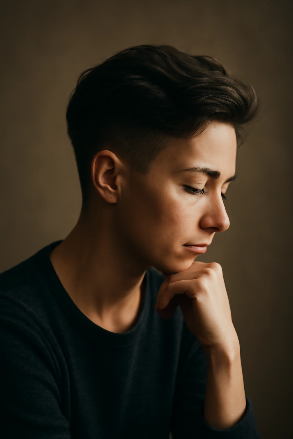 Silhouette portrait contemplating hairstyle choices
