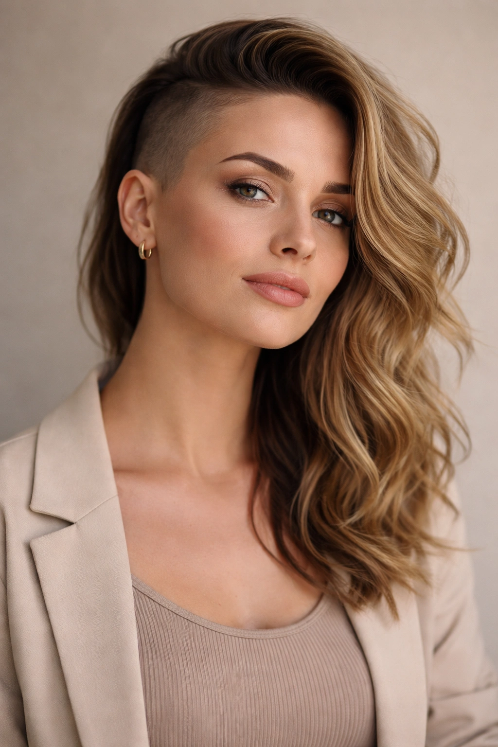 Portrait of a confident woman with a one-side shaved hairstyle.