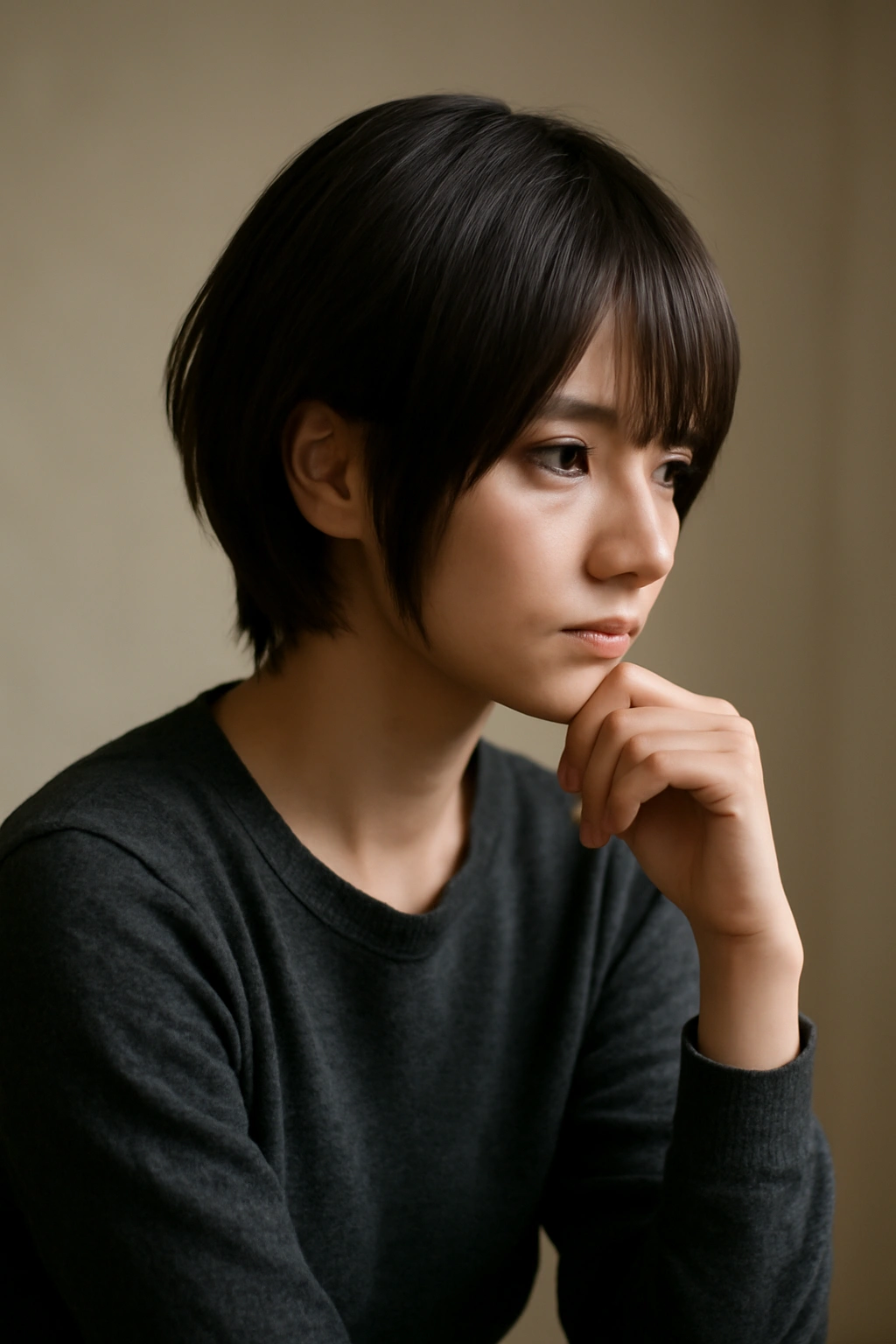 Solitary silhouette in a contemplative pose in a calm studio