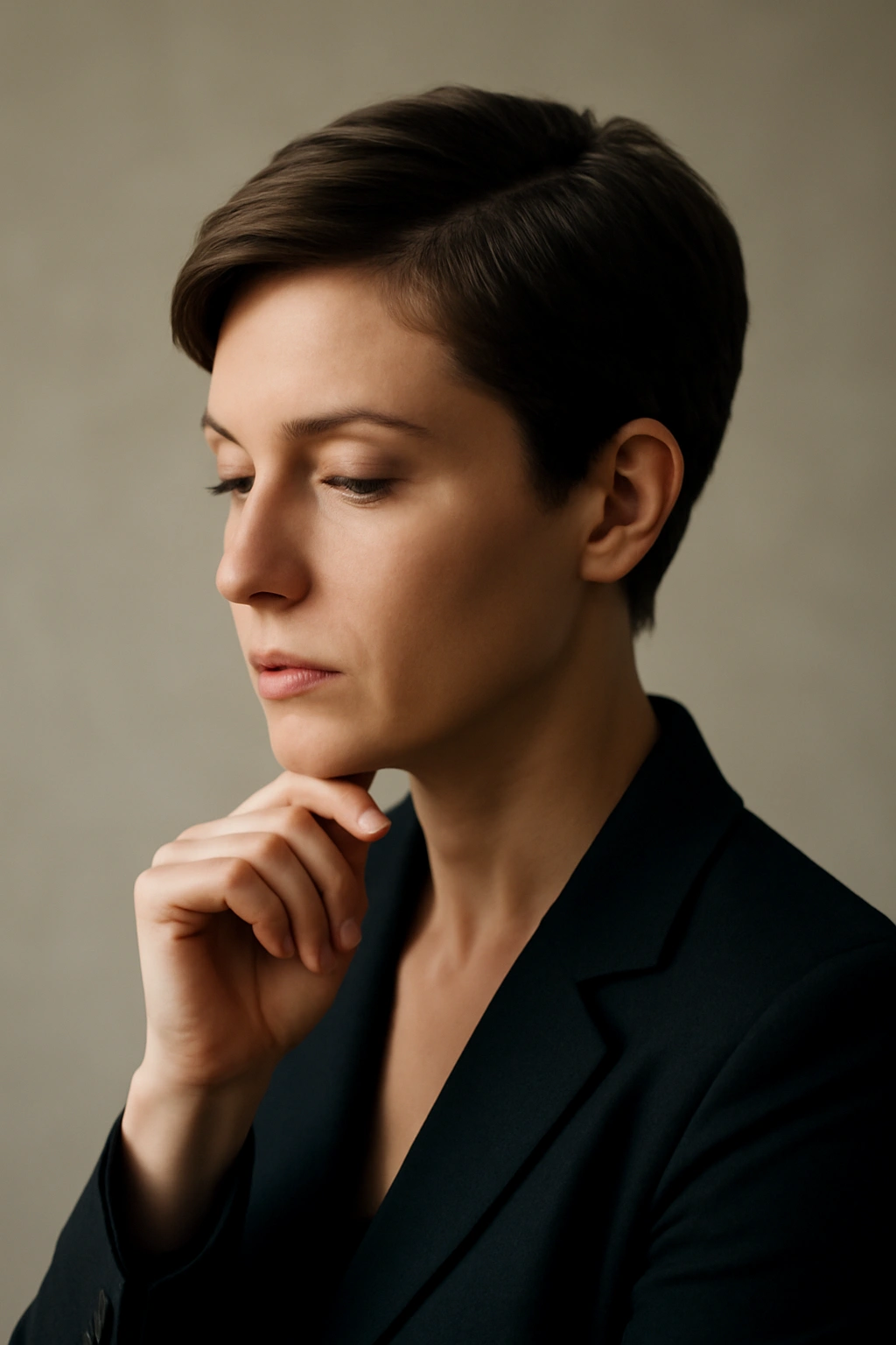 Minimalist portrait suggesting contemplation about chic short formal hairstyles