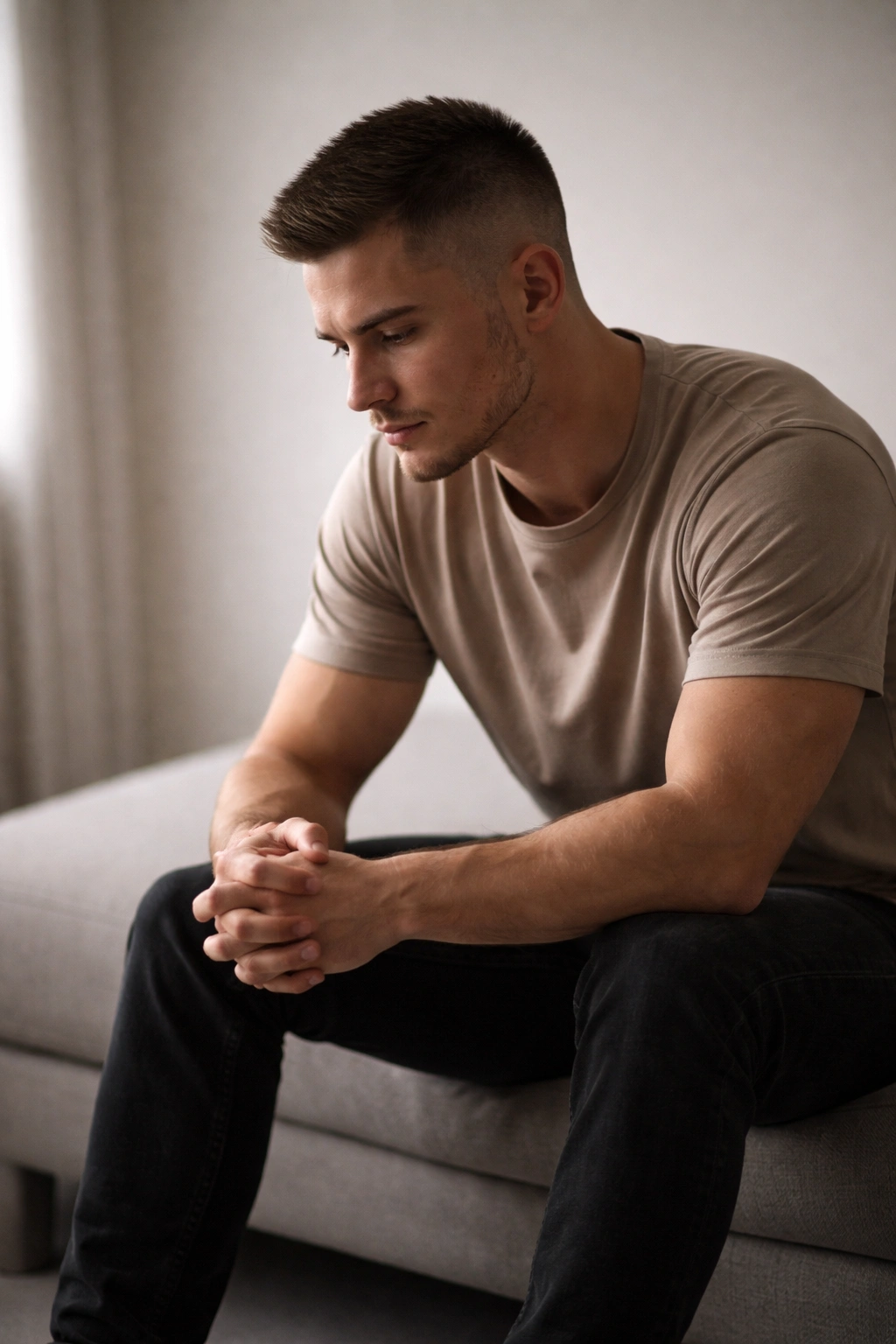 Thoughtful person contemplating hairstyle choices in a quiet studio.