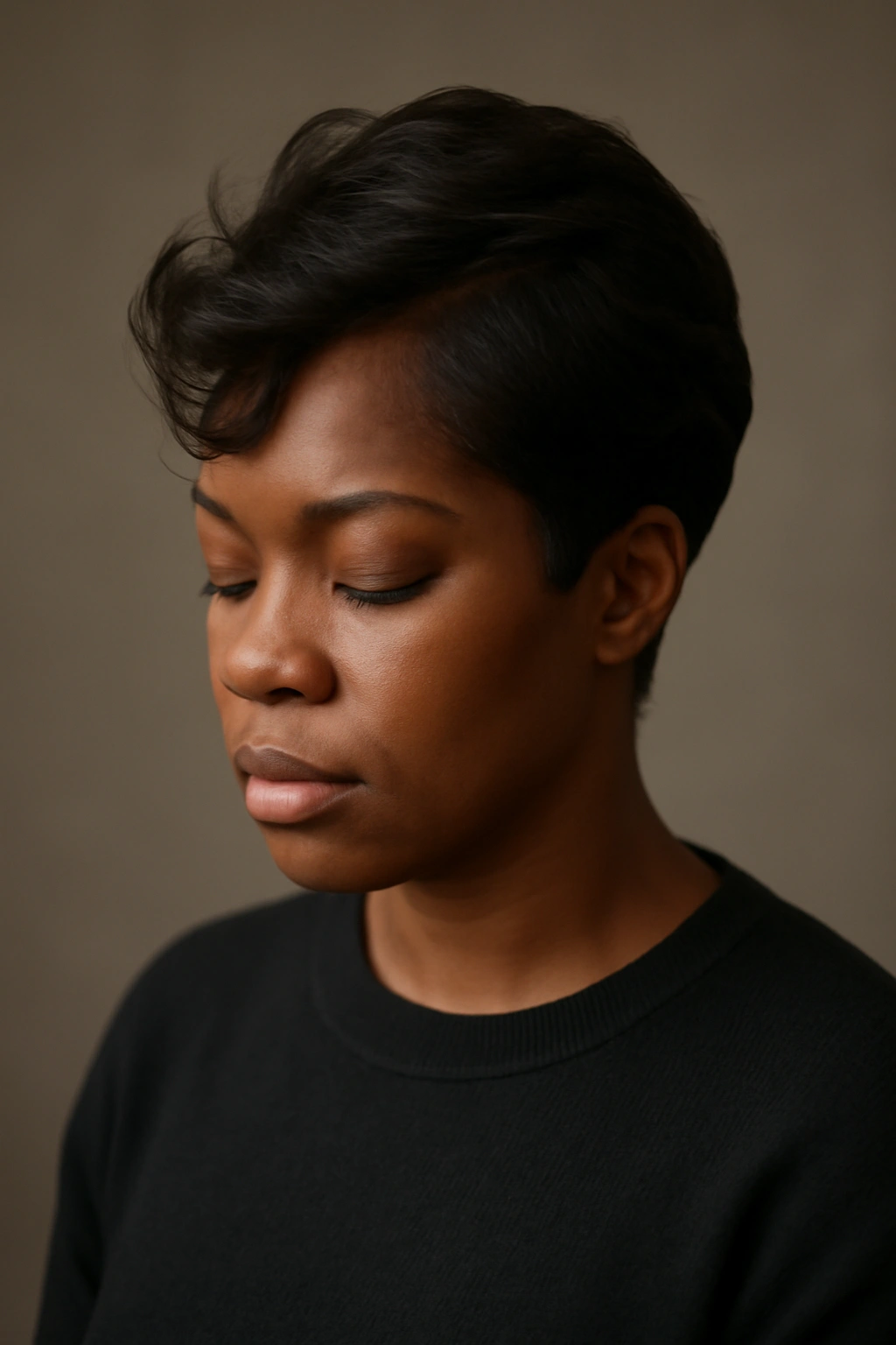 Contemplative portrait of a short flip hairstyle