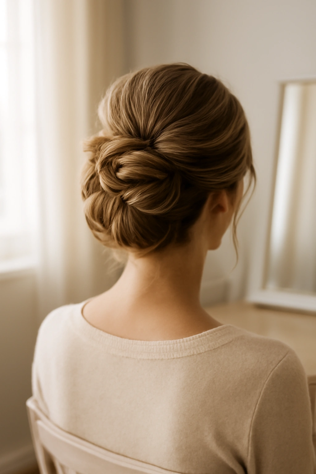 Portrait of a person with an elegant wedding hairstyle in a bright home vanity setting