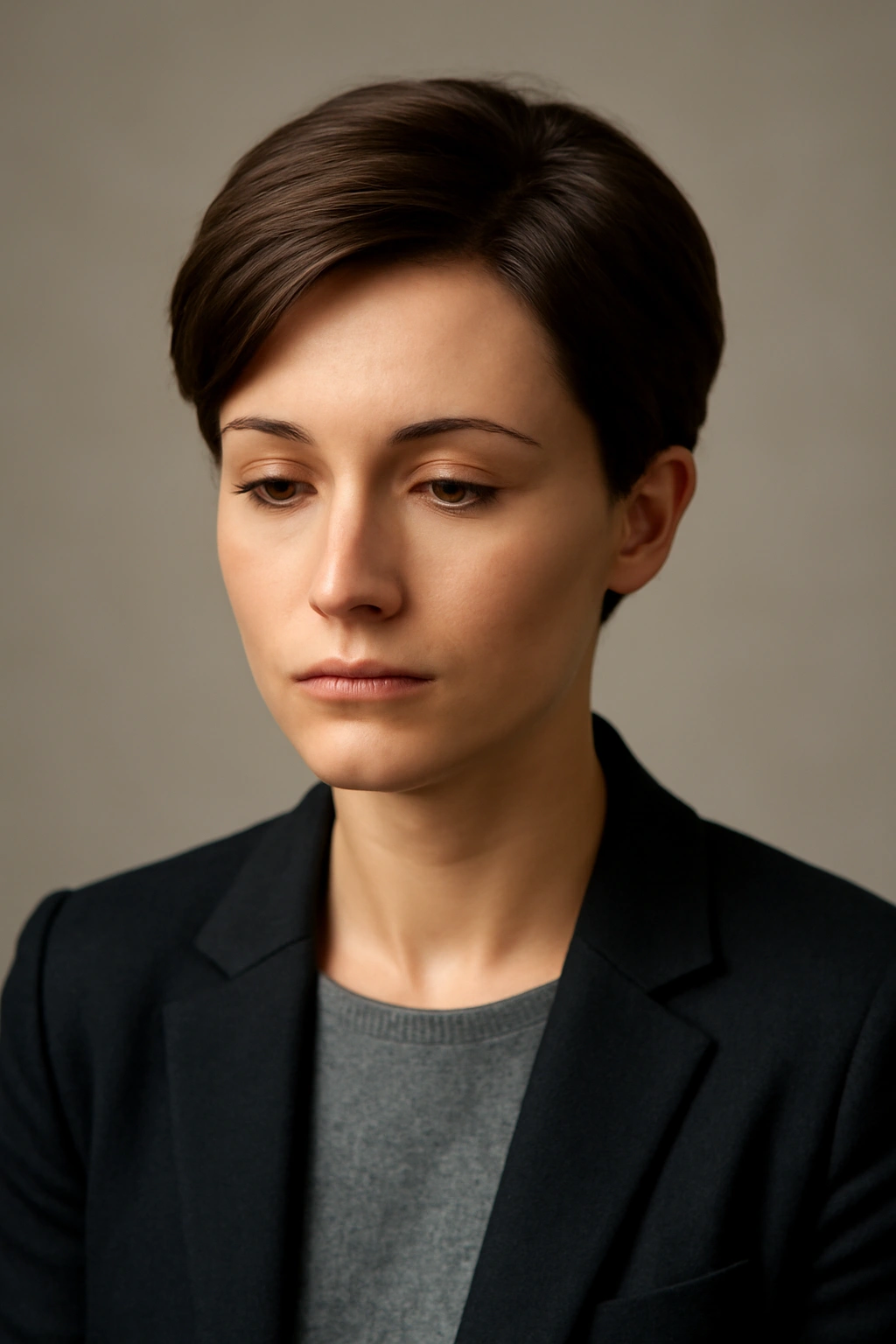 Thoughtful portrait of a person with a polished short hairstyle in a neutral studio background