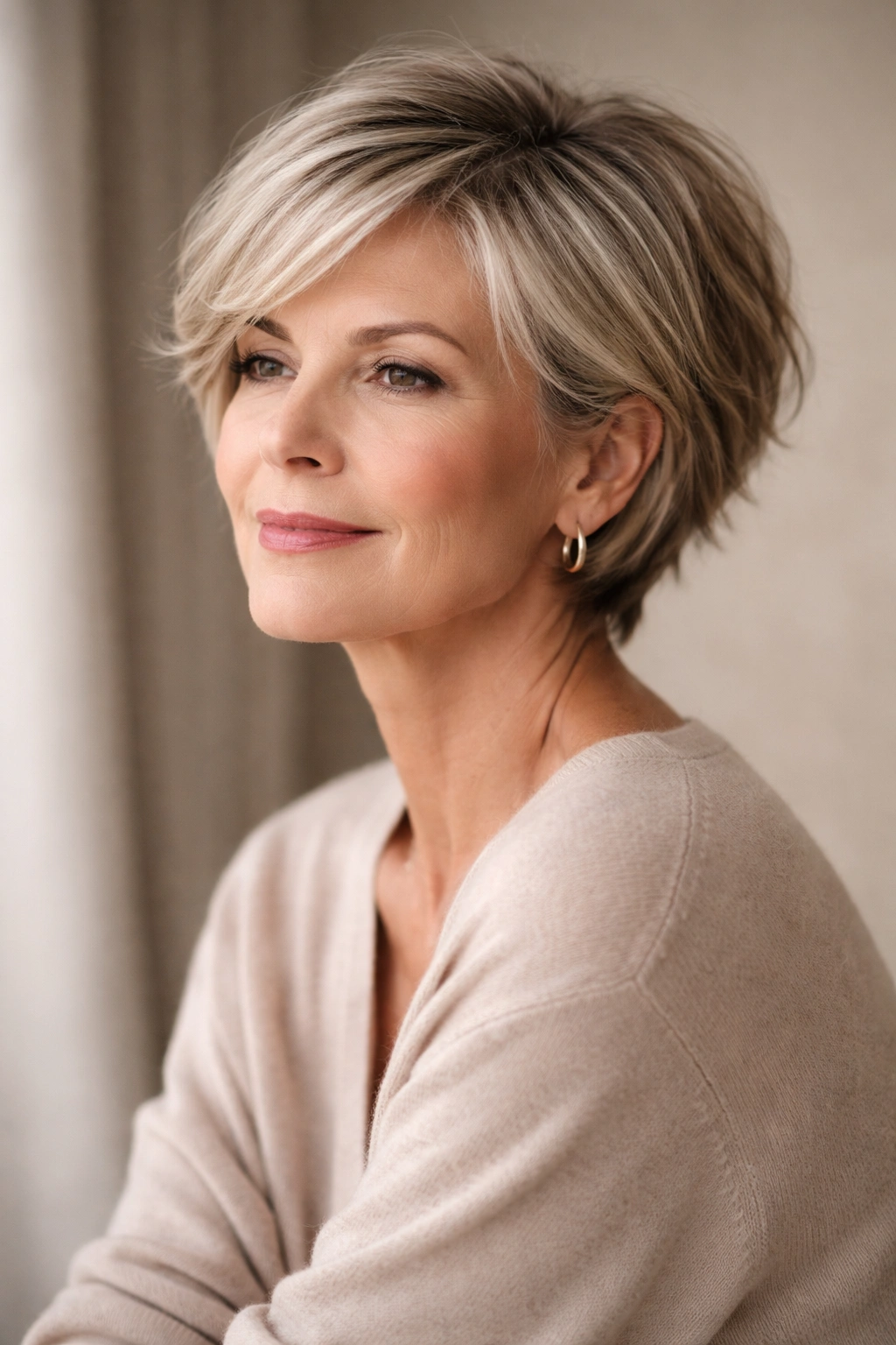 Serene portrait of a mature woman with a chic haircut