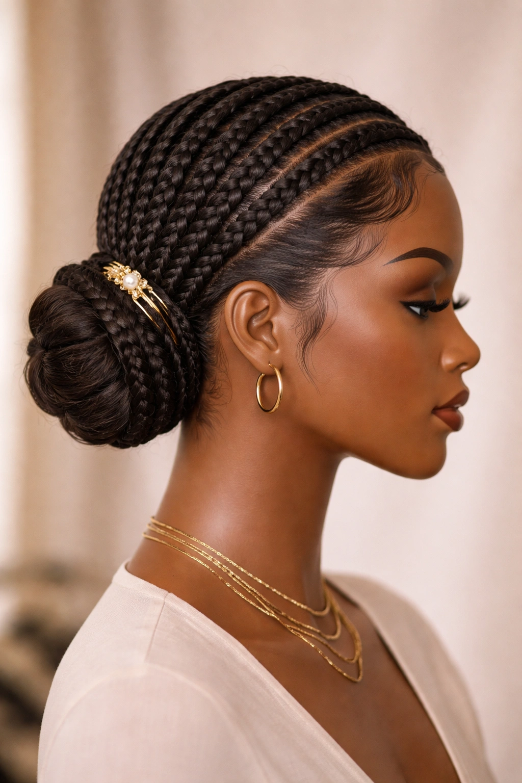 Close-up of a polished protective hairstyle with tucked ends and smooth edges