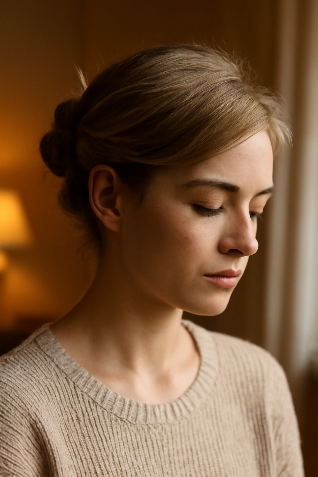 Intimate portrait of short hair with an effortless updo in a warm home setting
