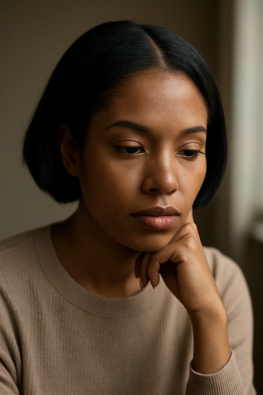 Thoughtful person with short hair and middle part, calm studio setting