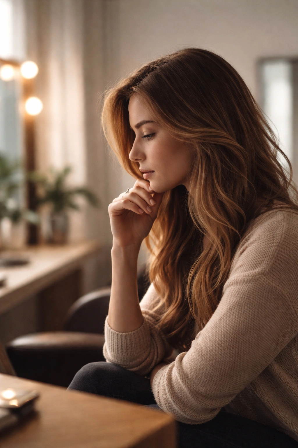 Contemplative figure in a calm studio environment reflecting on haircuts