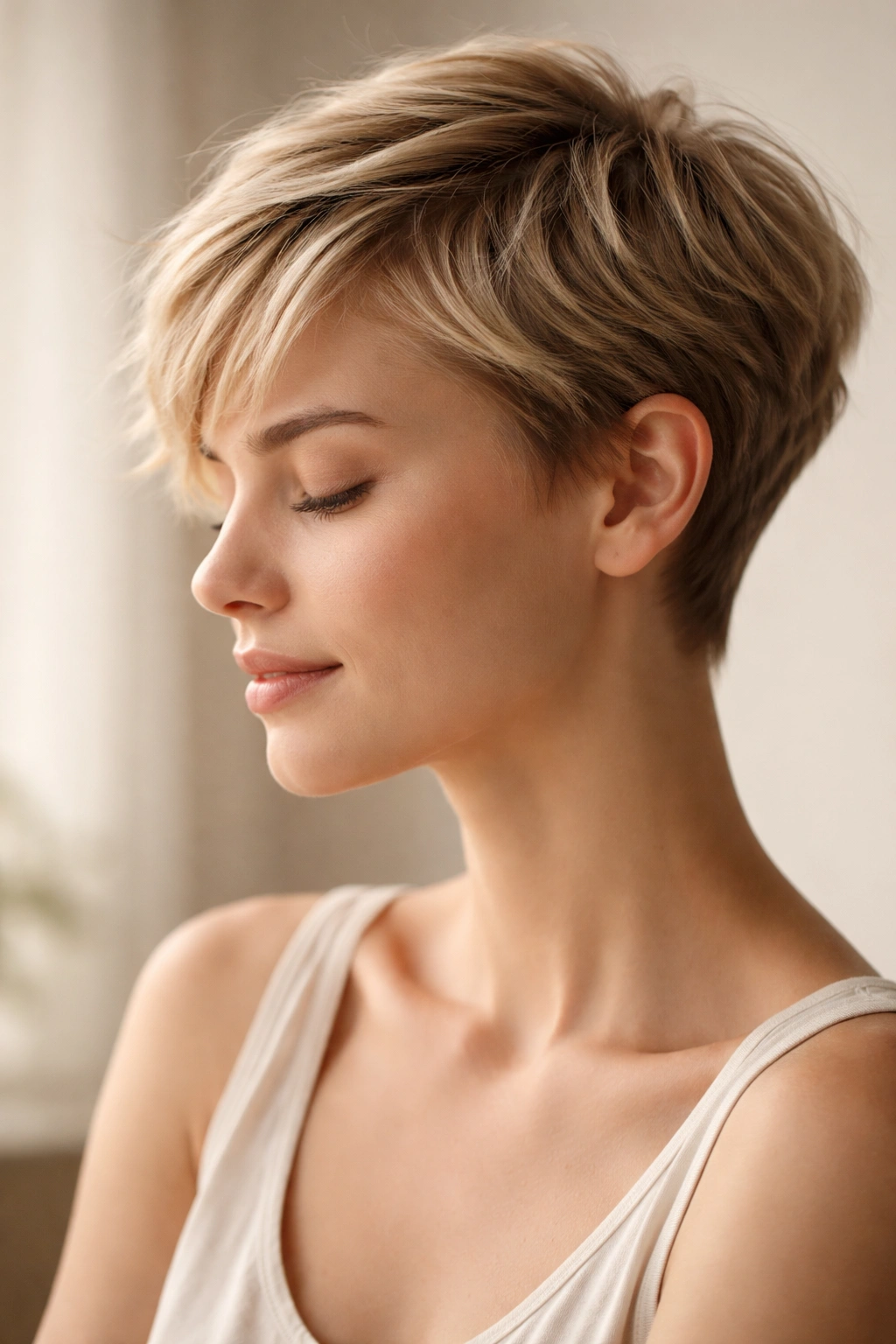 Contemplative portrait of a person with a short summer hairstyle