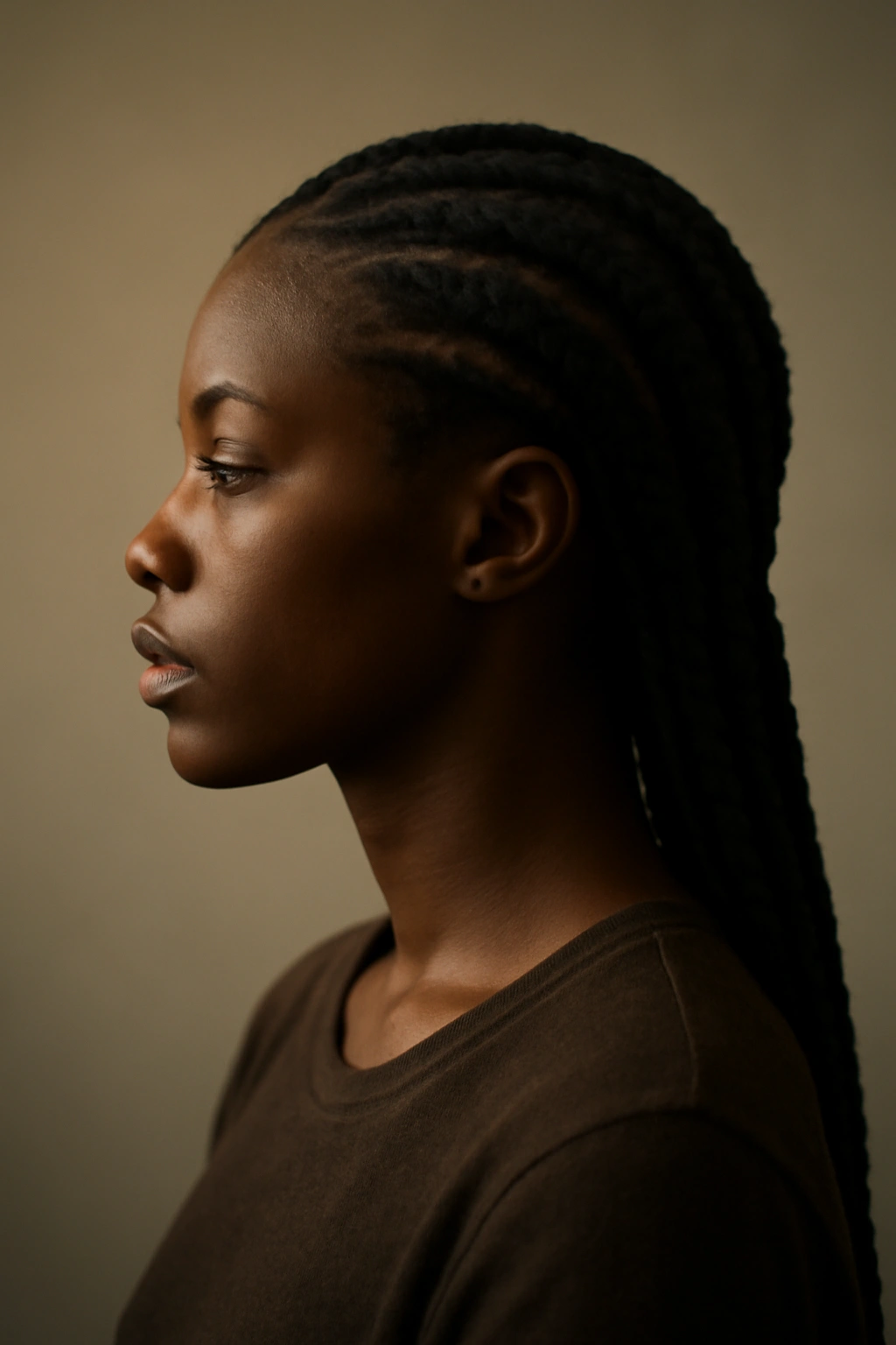 Minimalistic silhouette of a person with braided hair, pondering hairstyle choices.