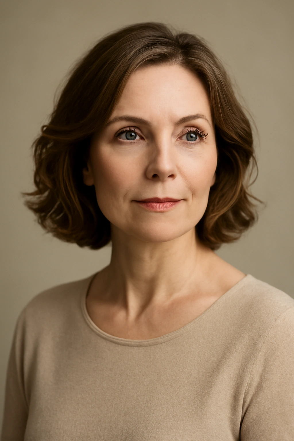 Portrait of a woman with soft waves in shoulder-length hair, confident and elegant