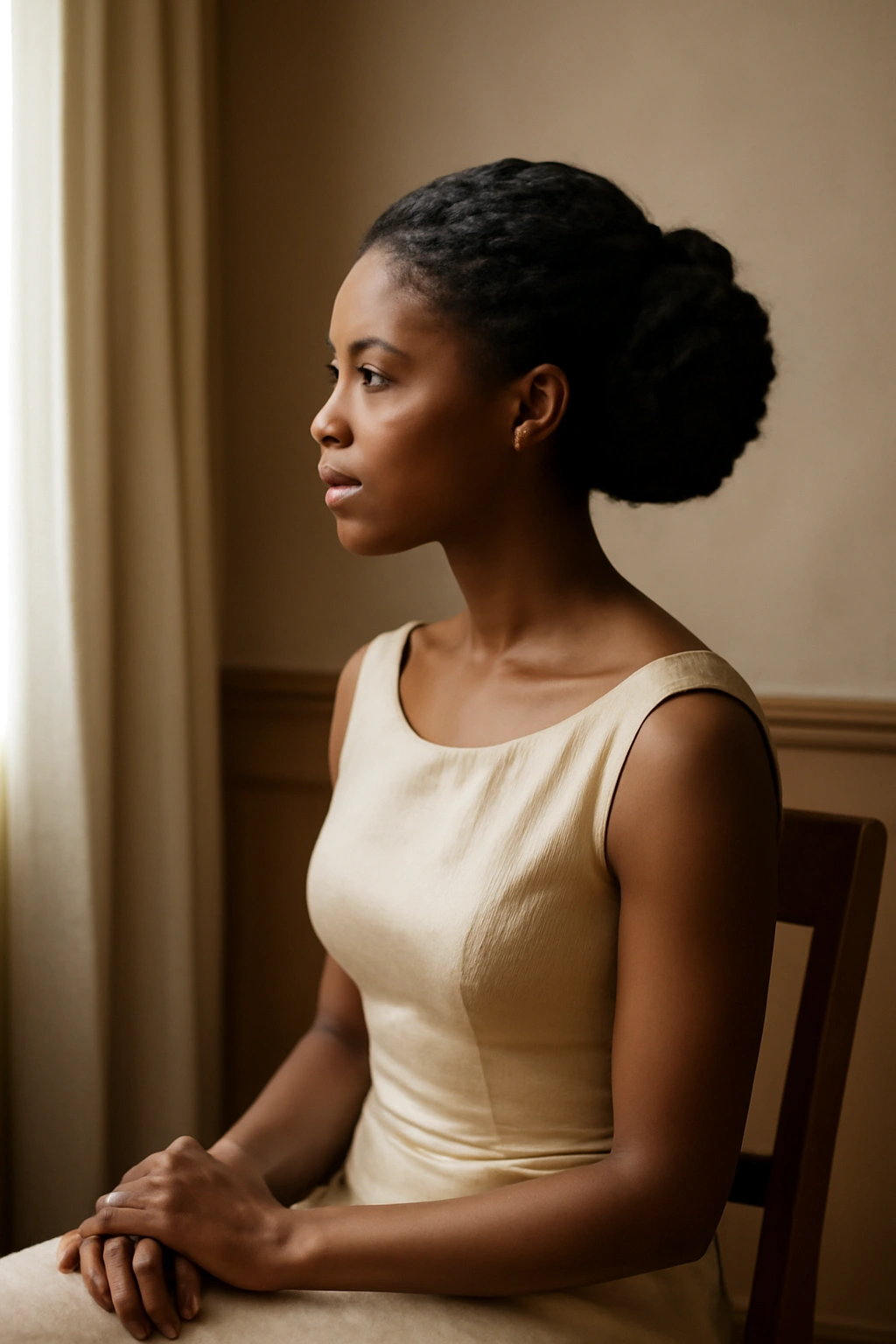 Contemplative figure with elegant hairstyle in a quiet room