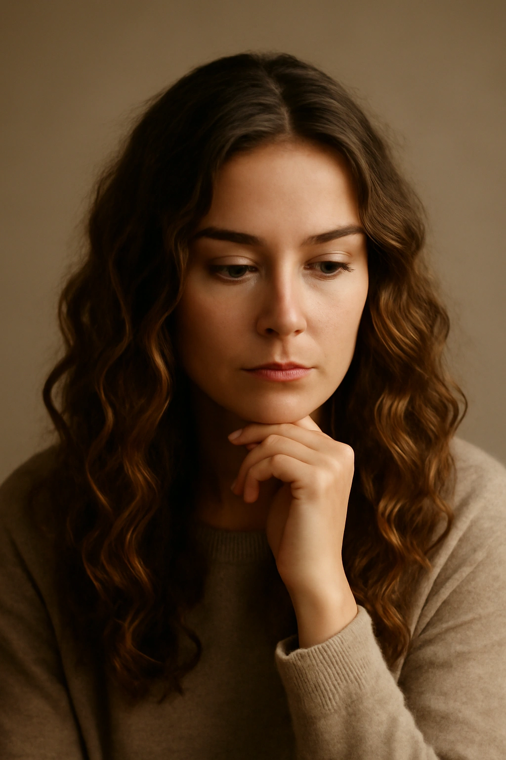Contemplative portrait of a person with soft waves, reflecting on heatless styling