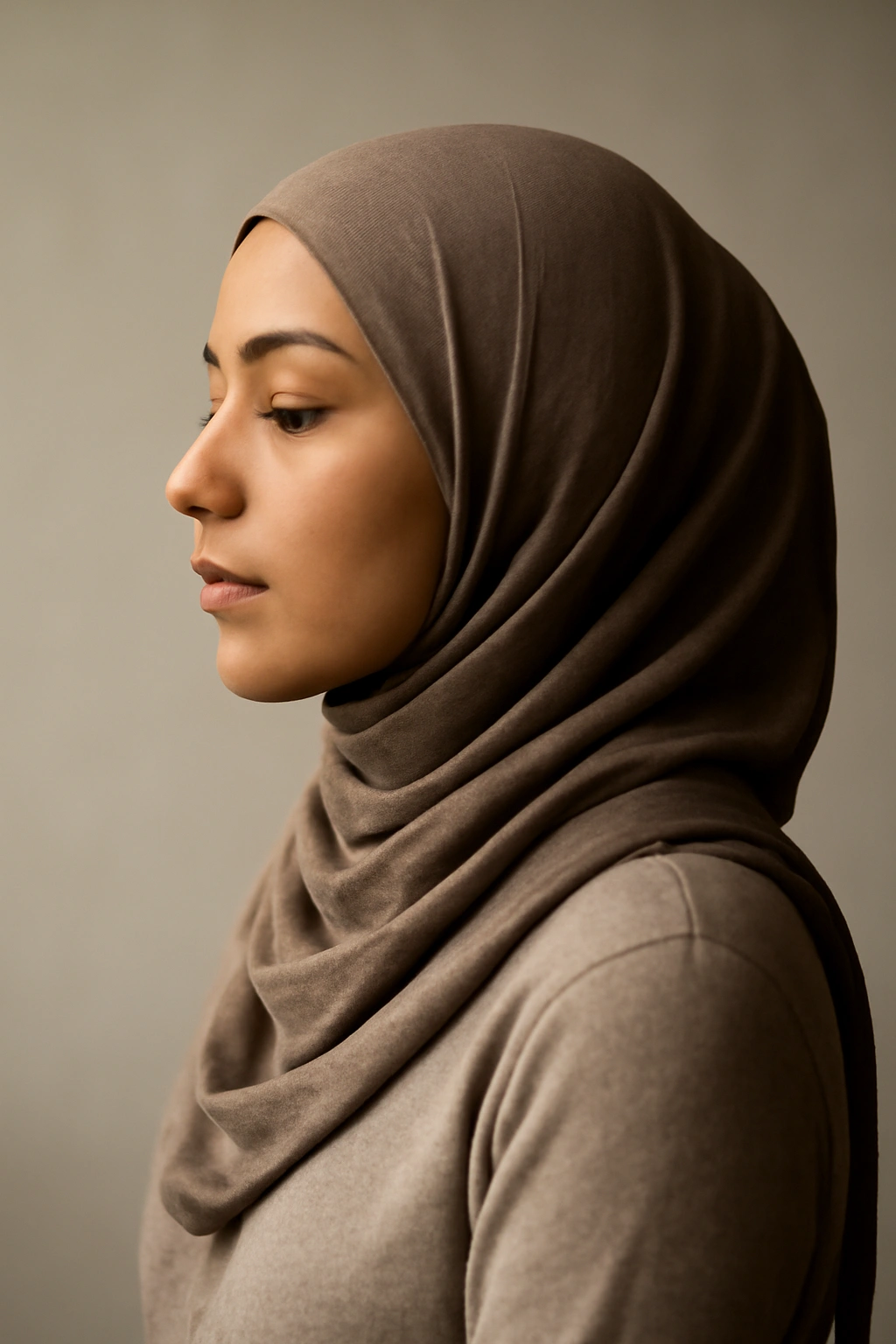 Hijab-wearing woman in thoughtful pose, showcasing confident personal style