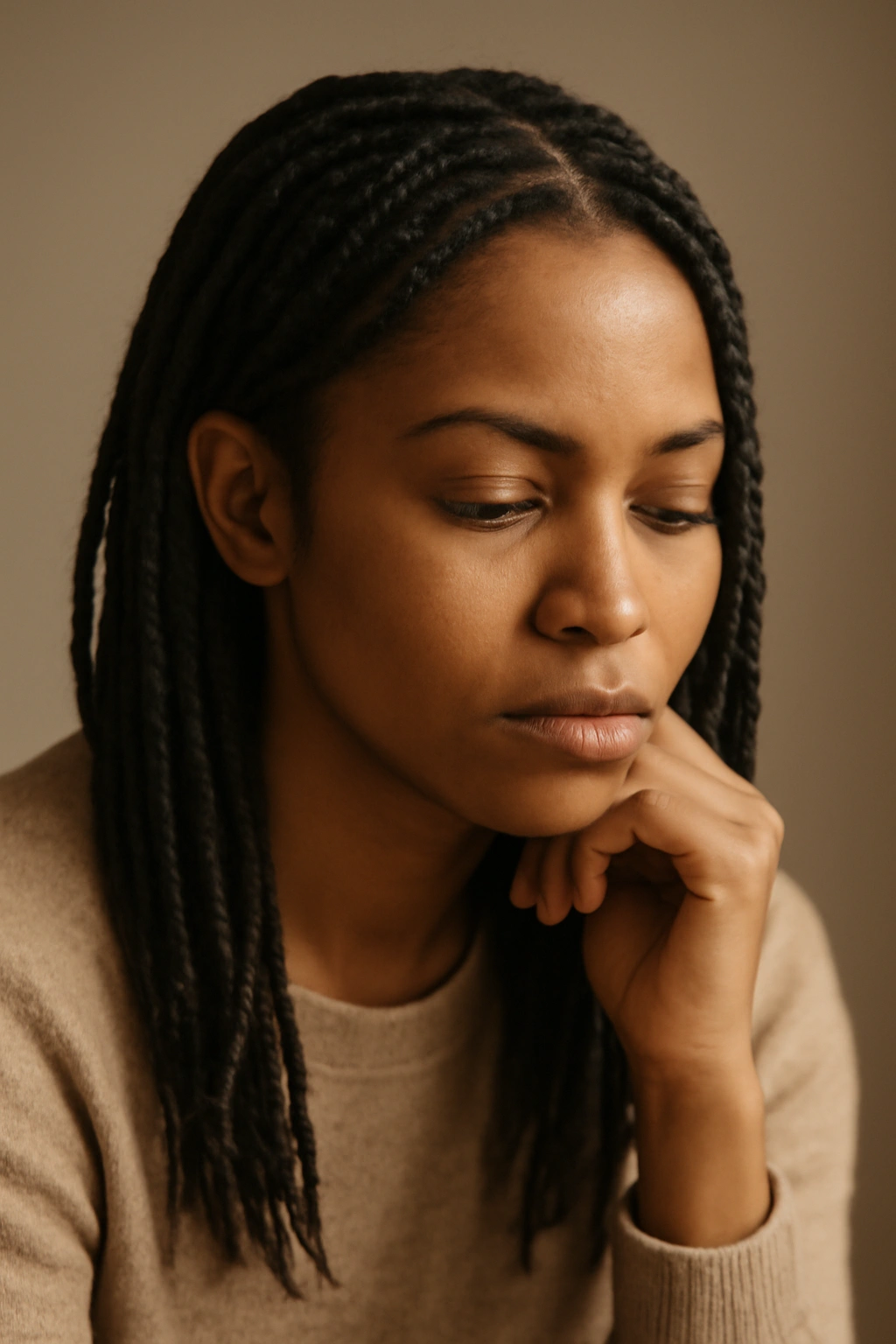 Thoughtful portrait of a person with knotless braids in a reflective mood