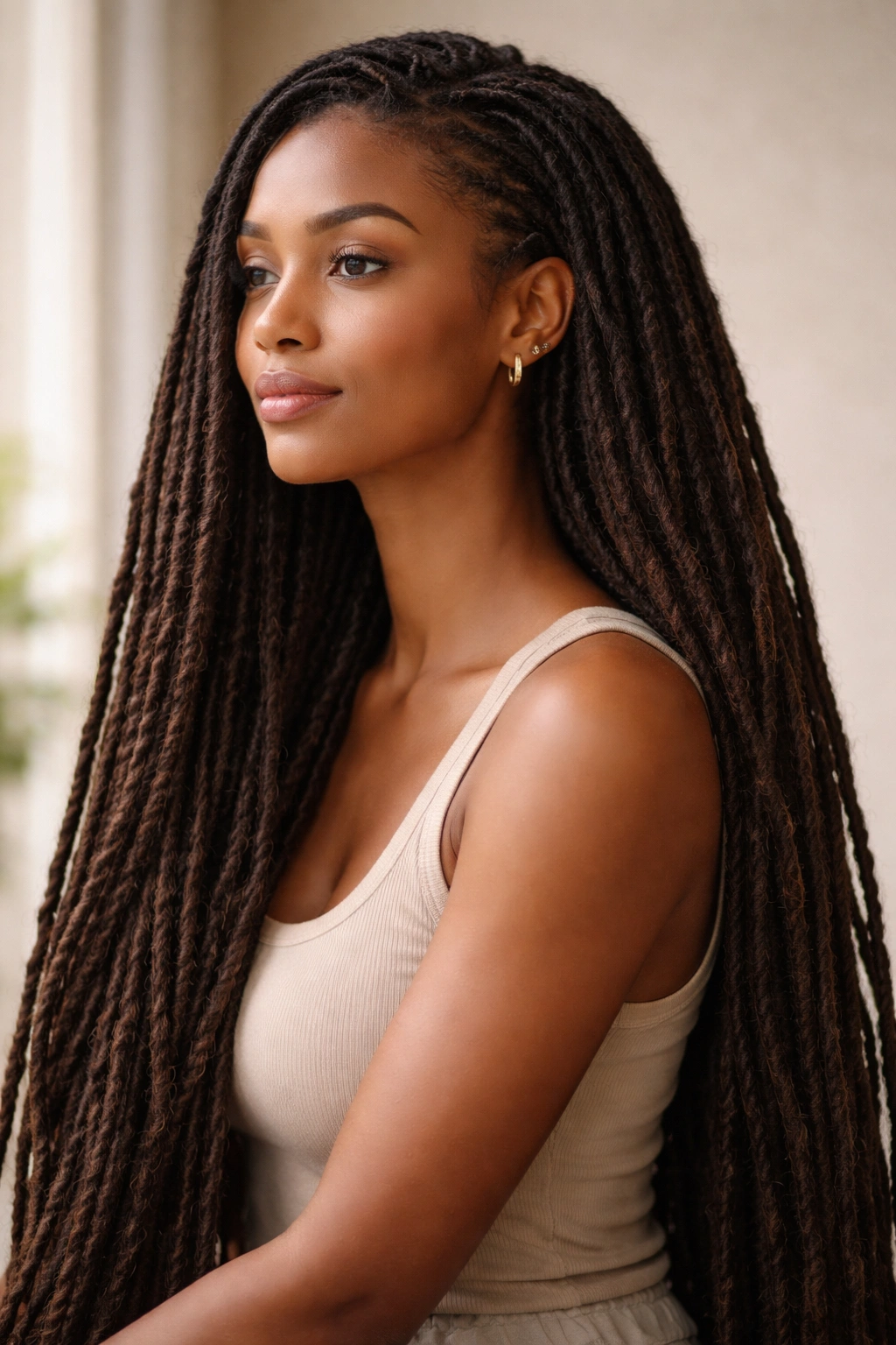 Contemplative portrait highlighting mature locs and hair health