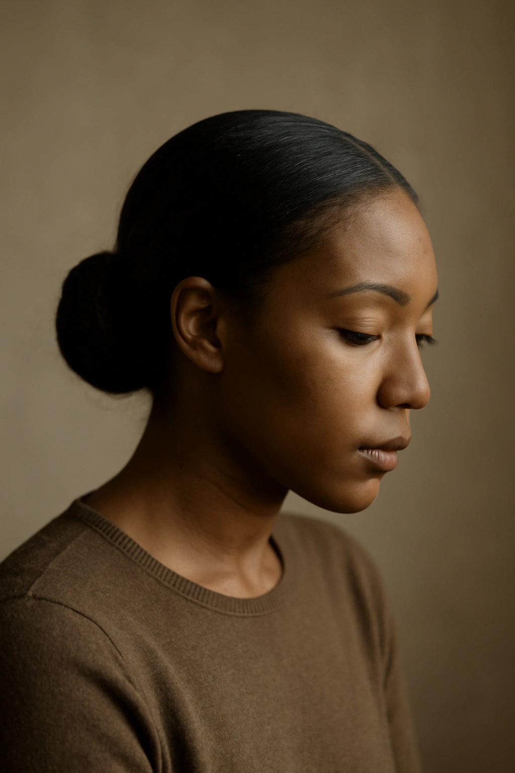 Thoughtful portrait of a person with a polished low bun in a calm setting