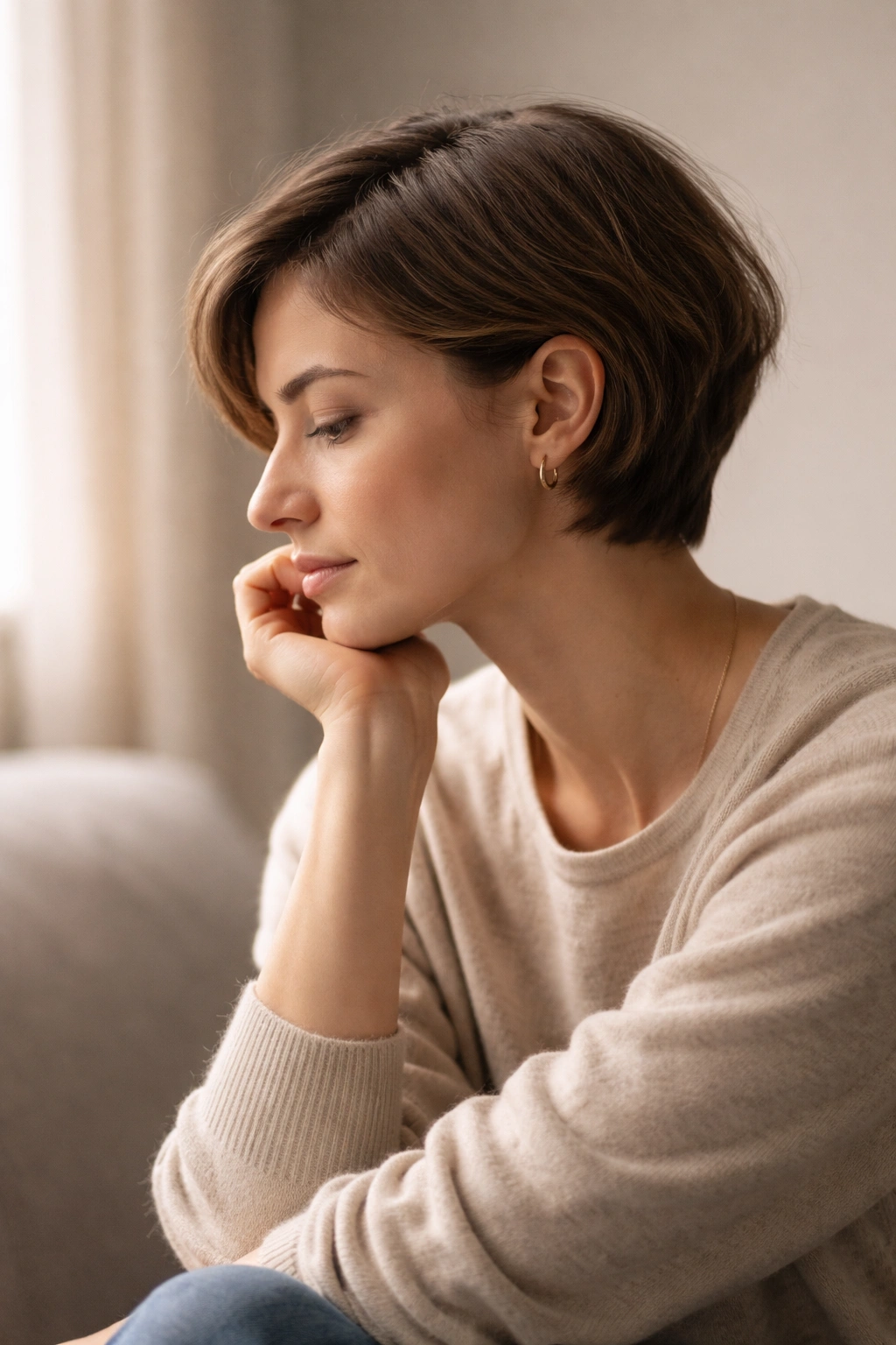 Silhouette of a thoughtful person with a simple low-maintenance hairstyle