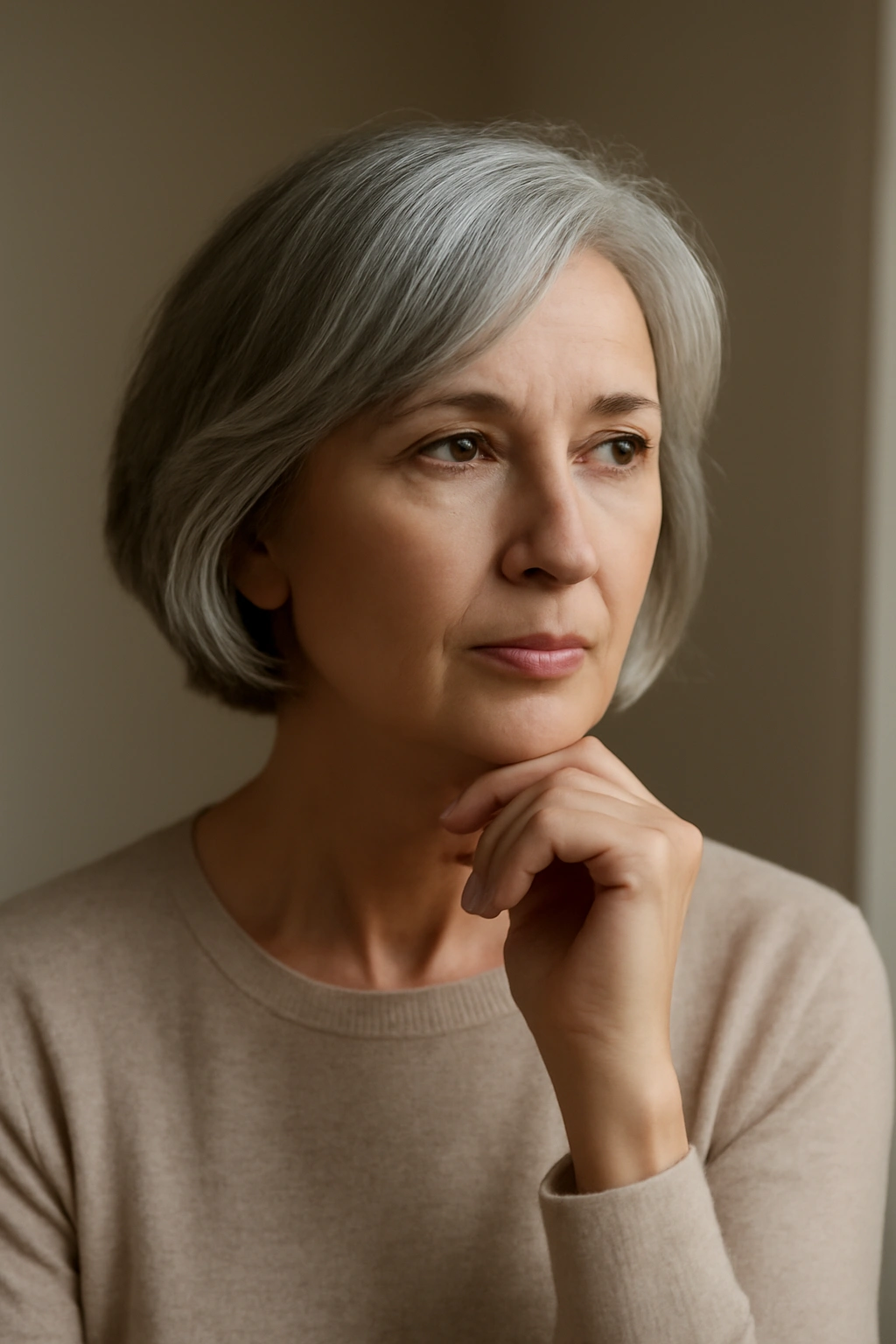Contemplative mature woman considering hairstyle choices in a neutral setting