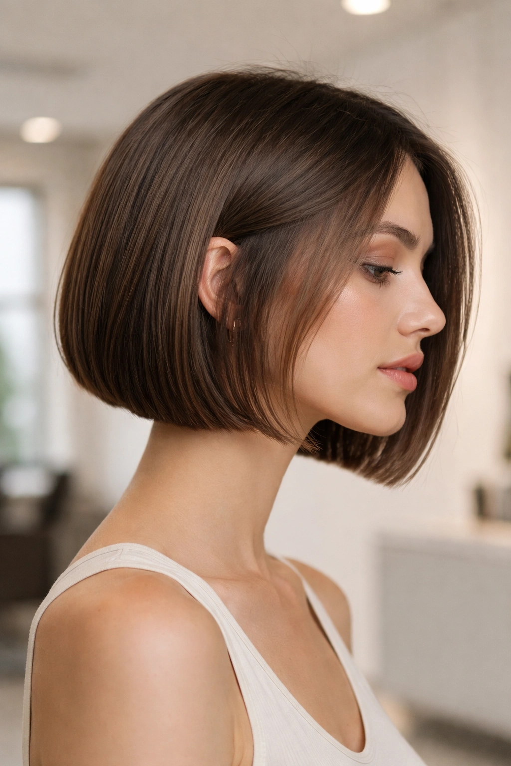 Modern bob hairstyle on a model in a neutral studio, sharp blunt cut with subtle texture