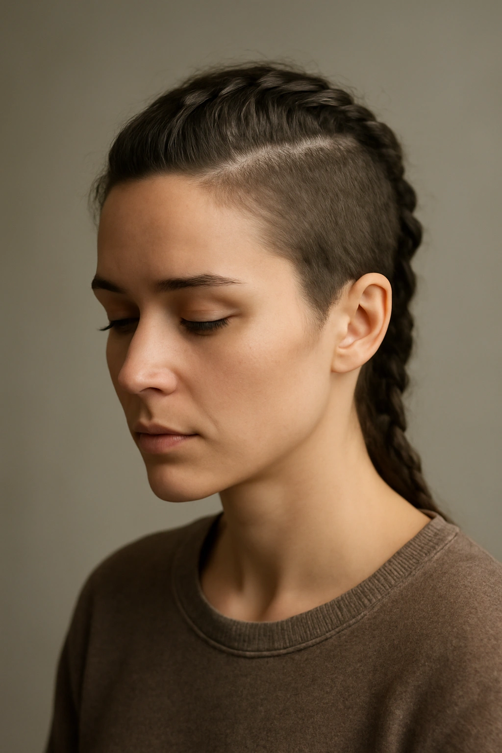 Contemplative portrait featuring subtle mohawk braid in a calm studio