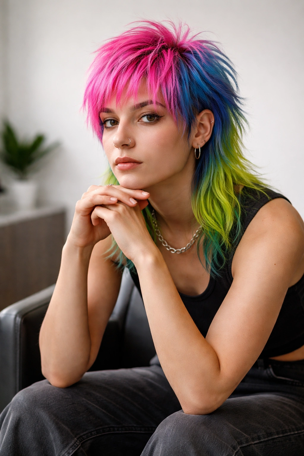 Portrait of a person with a vibrant multi-tone mullet in a salon chair, thoughtful pose.