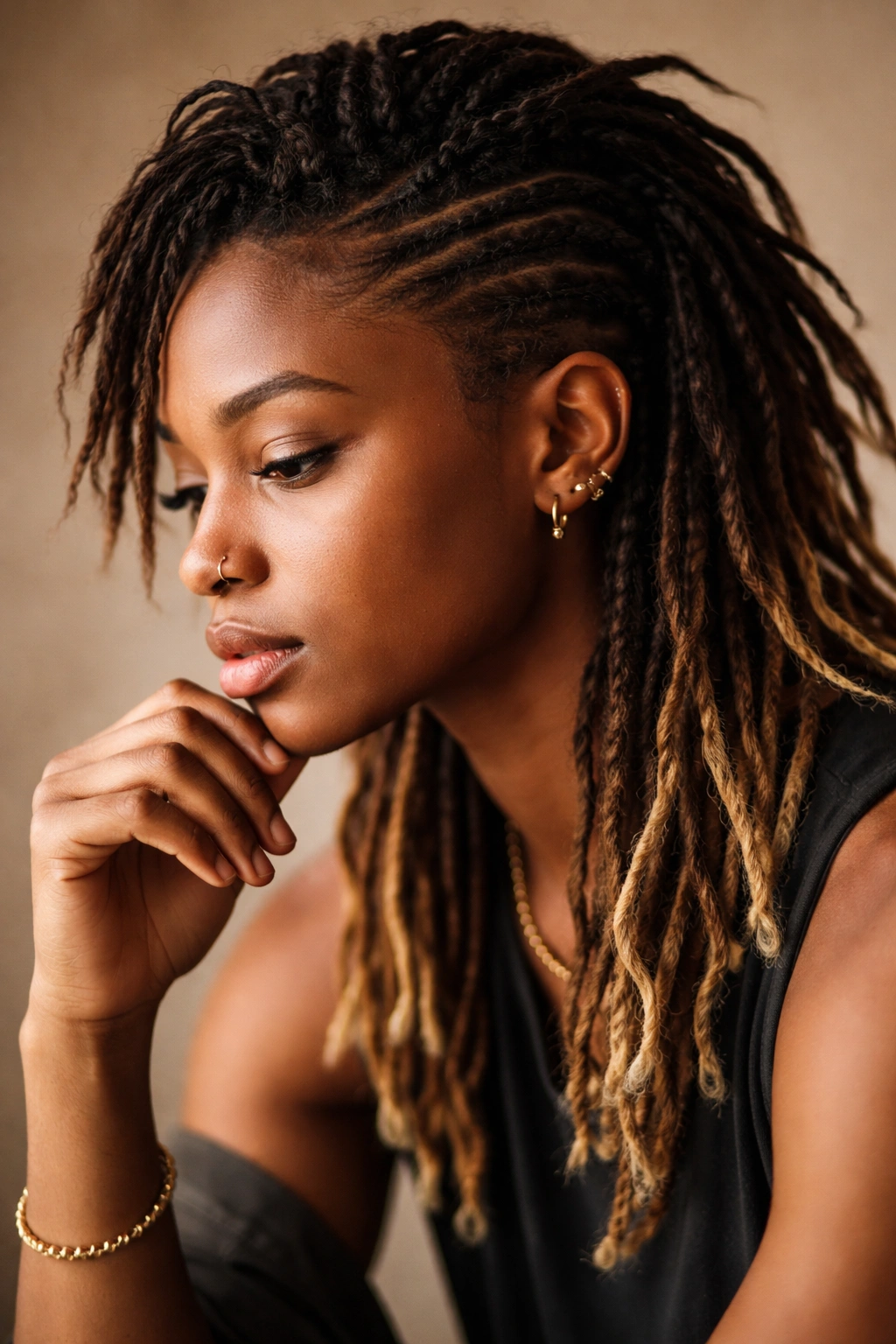 Contemplative portrait of a person with mullet locs