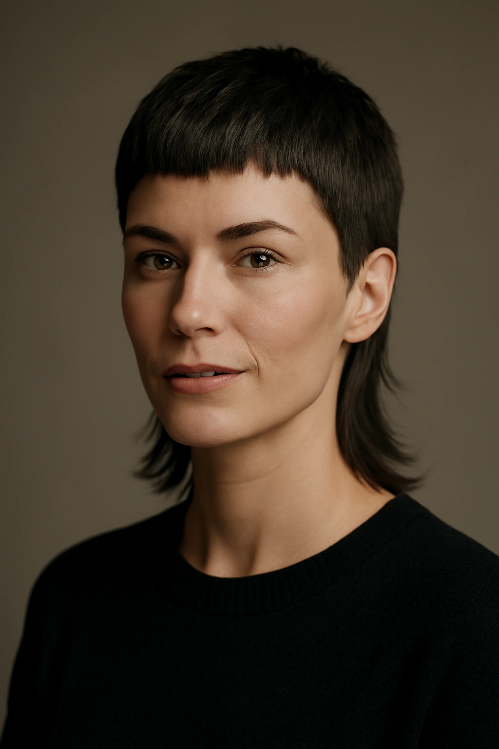 Confident portrait of person with short mullet