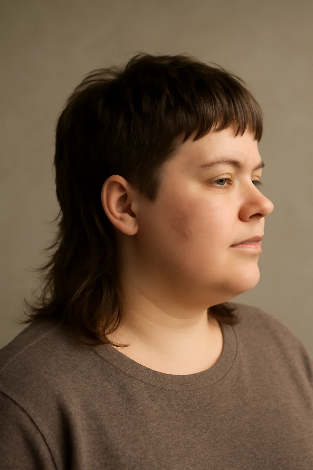 Thoughtful portrait of a person with mullet-inspired hairstyle