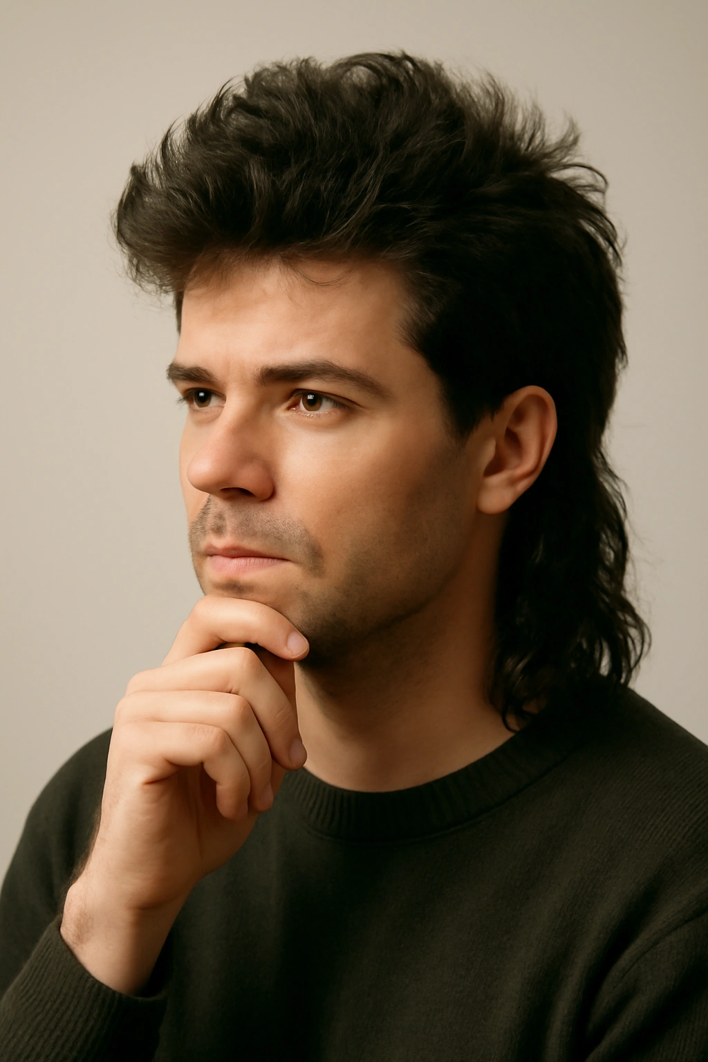 Contemplative portrait of a person with thick hair mullet, representing final thoughts on style