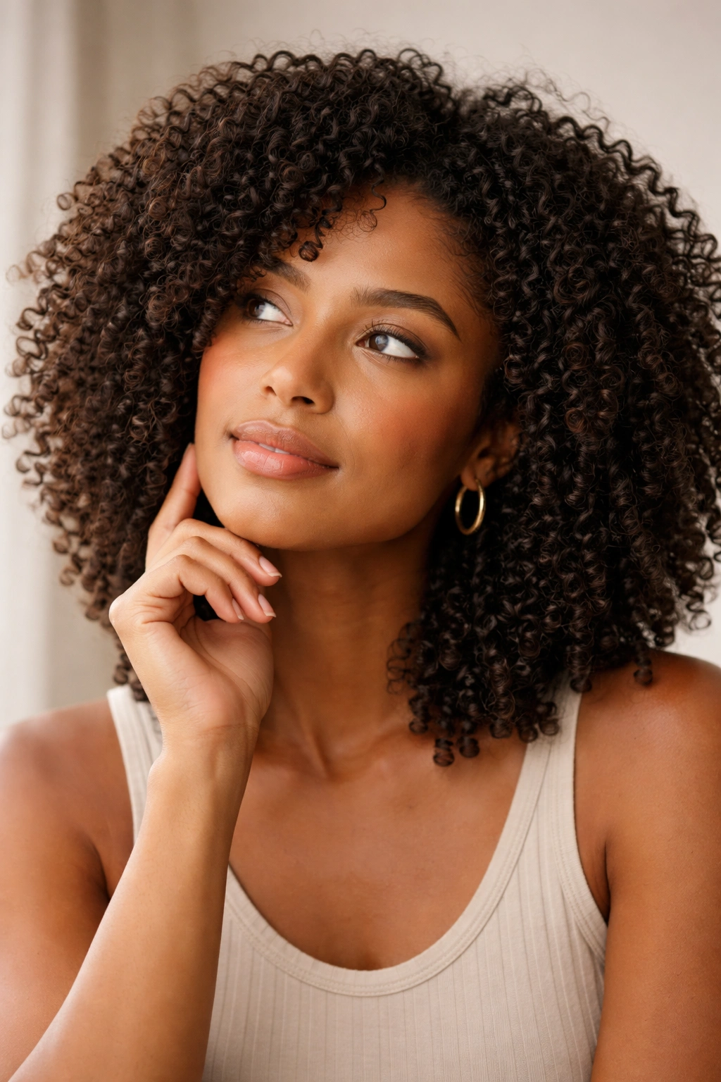 Thoughtful portrait of a person with natural curls contemplating haircut choices and curl patterns