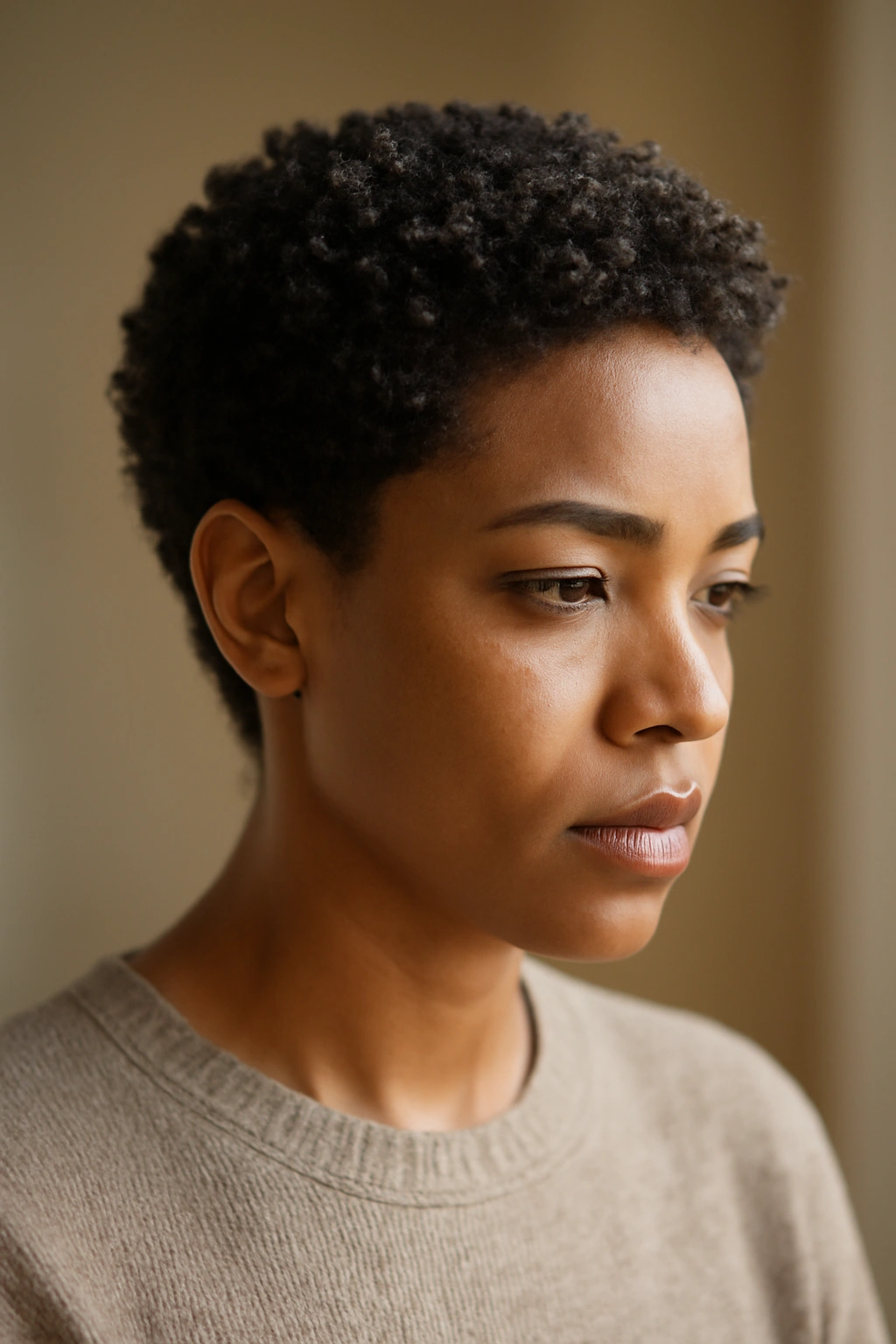 Calm portrait of a person with a short natural hairstyle