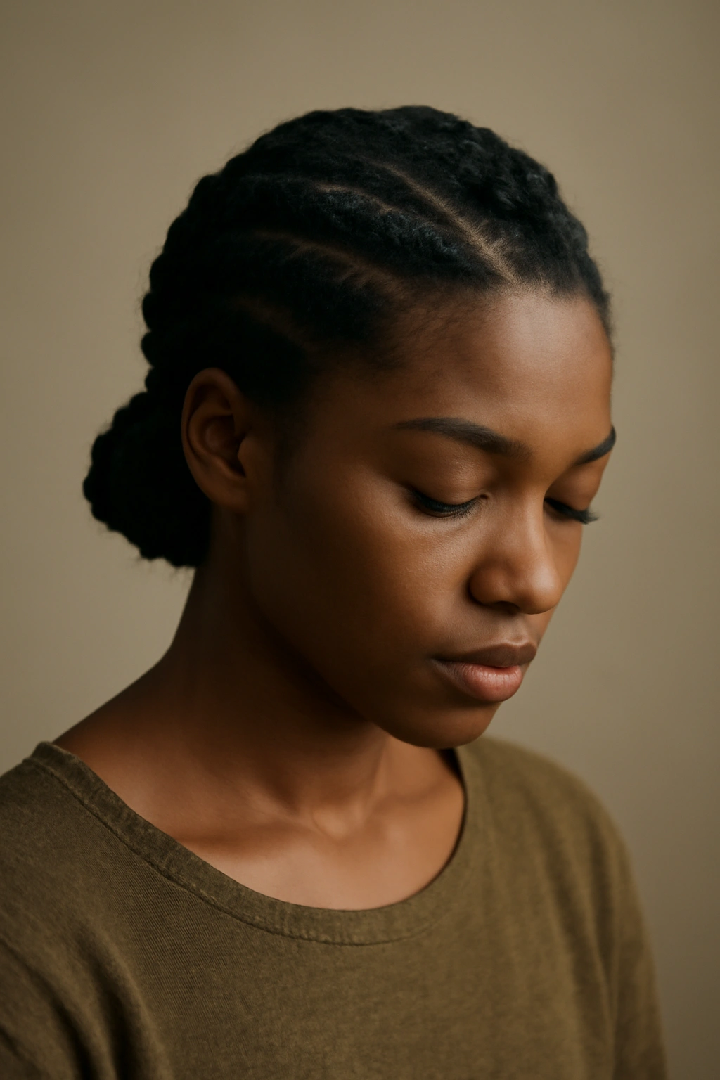 Contemplative portrait highlighting natural hair in a calm studio setting