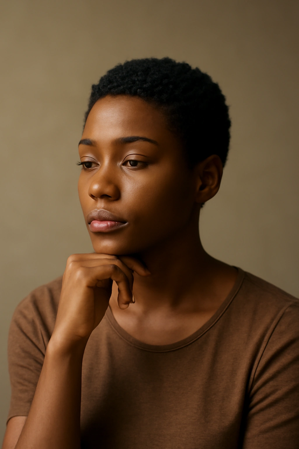 Portrait of a confident person with short natural hair in a contemplative pose