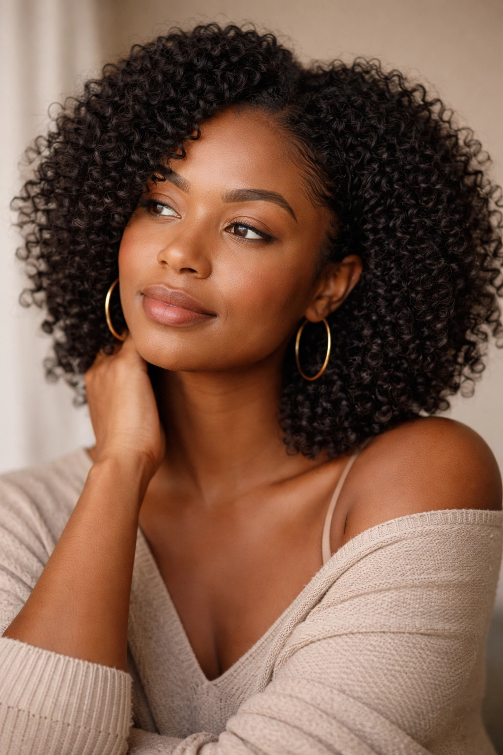 Close-up portrait of a person with natural textured hair in a wash-and-go against a neutral background