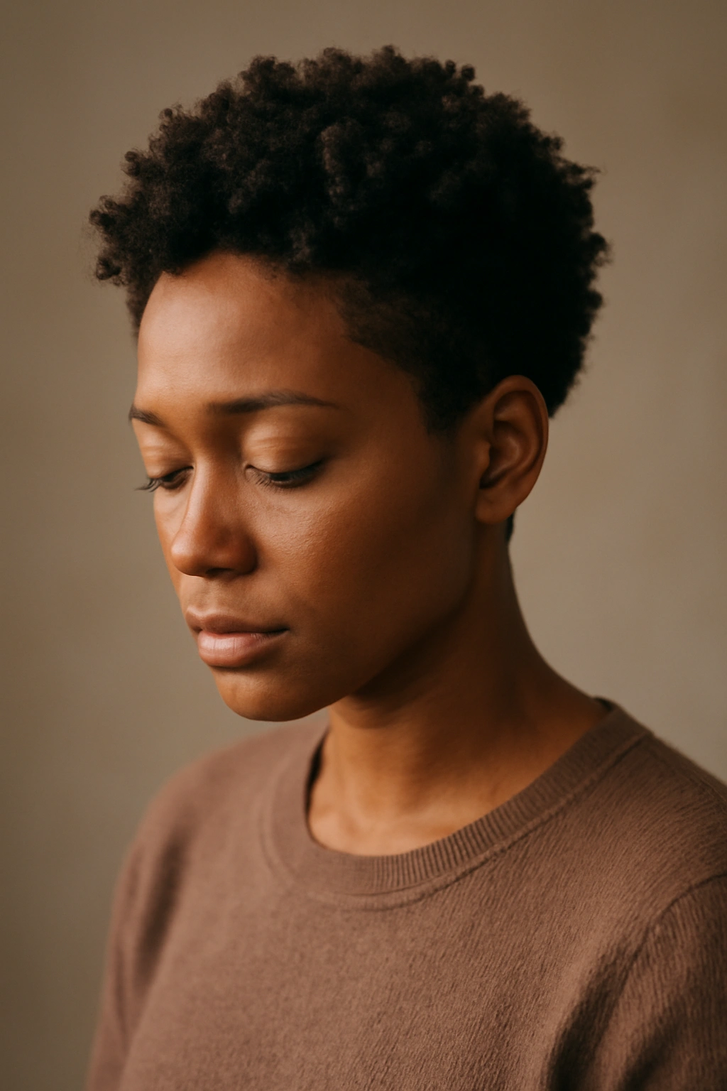 Contemplative portrait of a person with natural curls in a calm studio.
