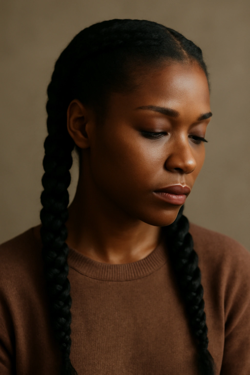 Contemplative portrait of a person with neat pigtail braids