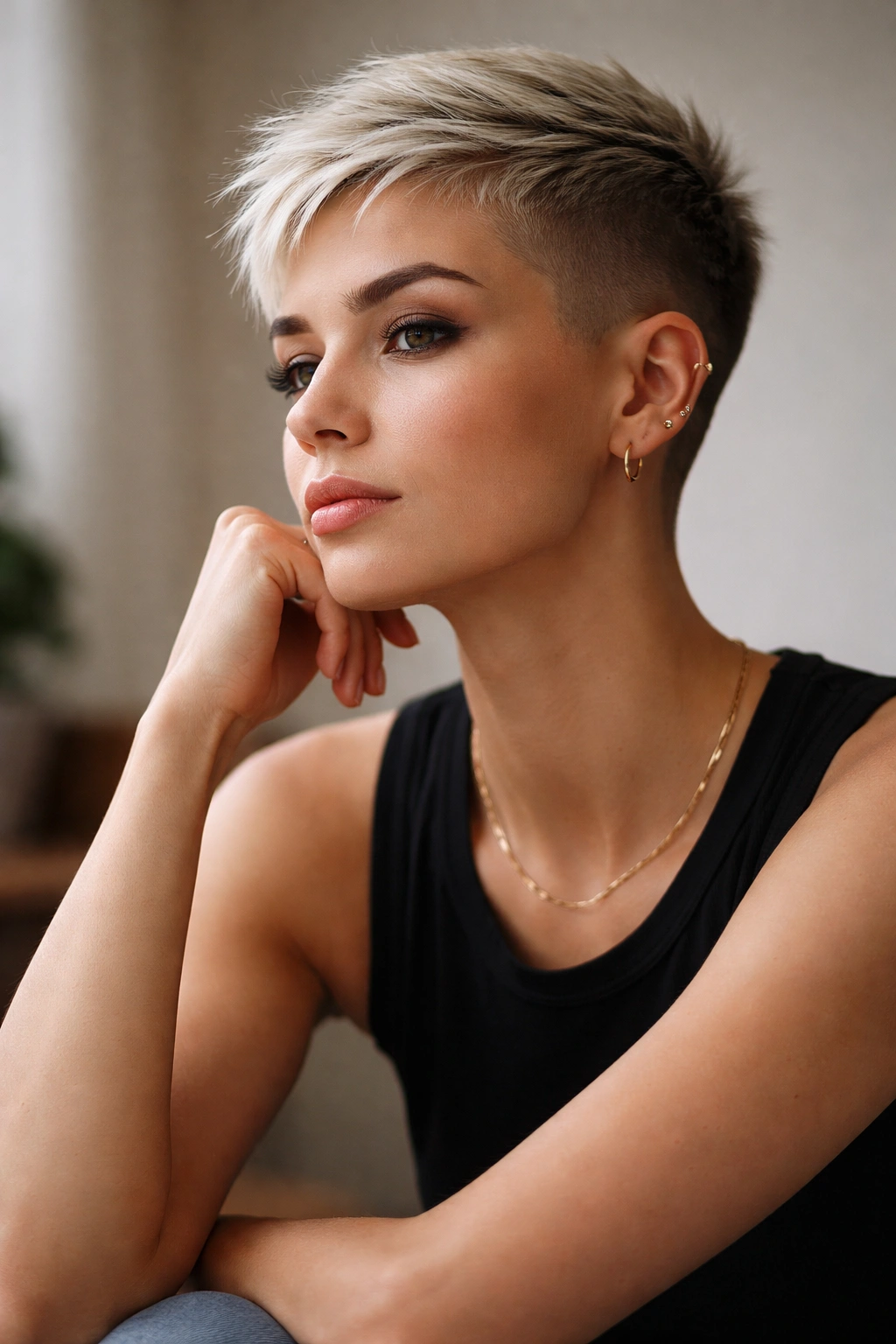 Contemplative portrait of a person with a shaved pixie exuding confidence