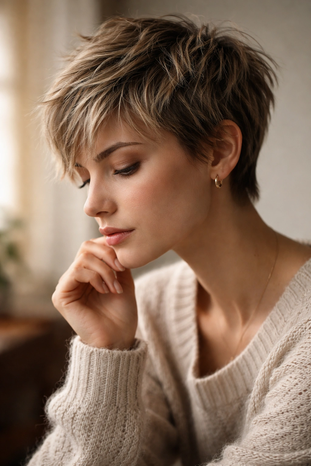 Abstract contemplative portrait with short textured pixie