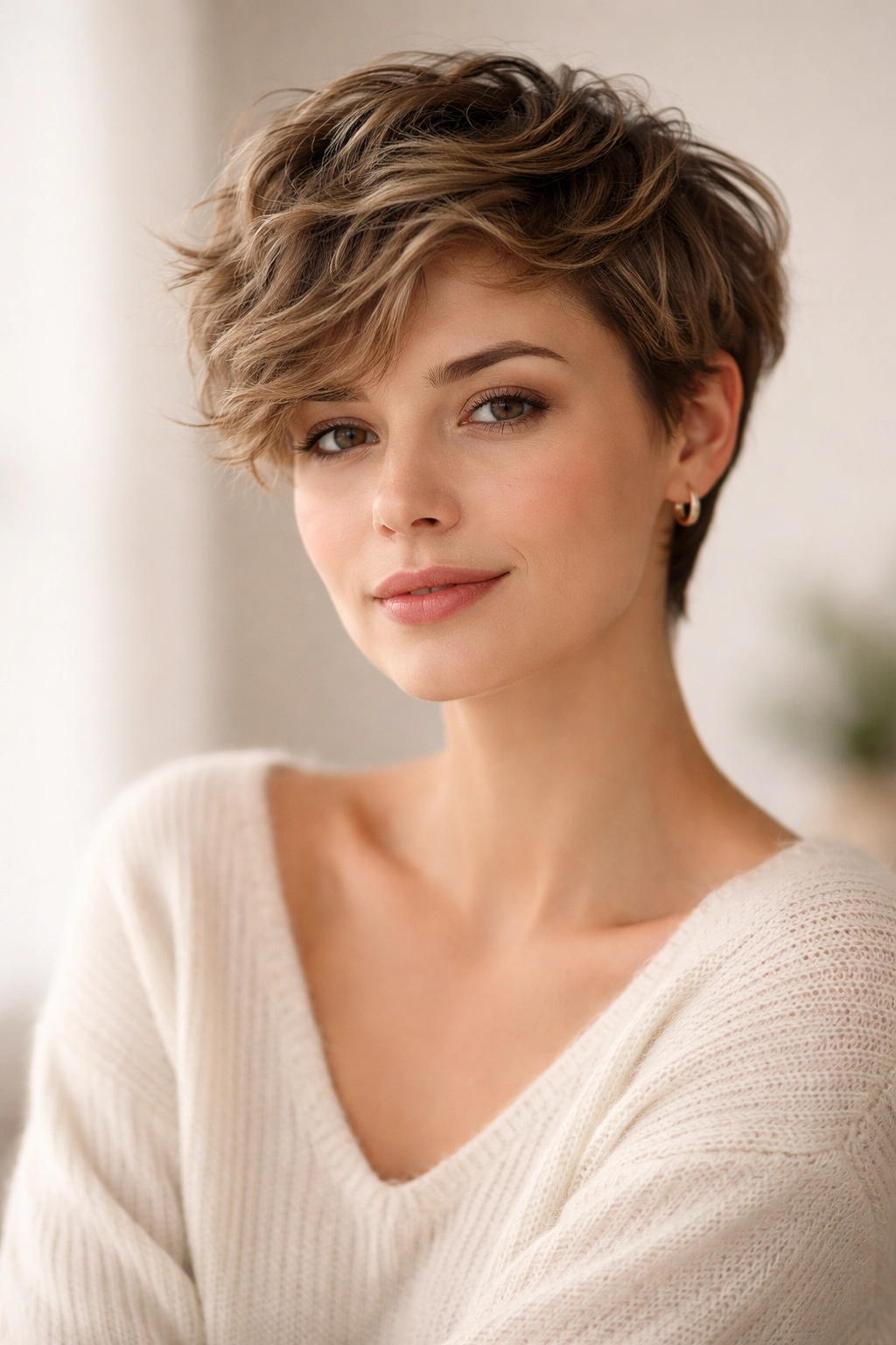 Calm portrait reflecting final thoughts on wavy pixie styling