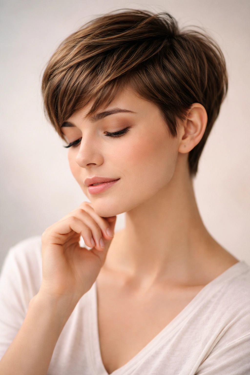 Contemplative portrait of a person with a pixie cut, reflecting final thoughts